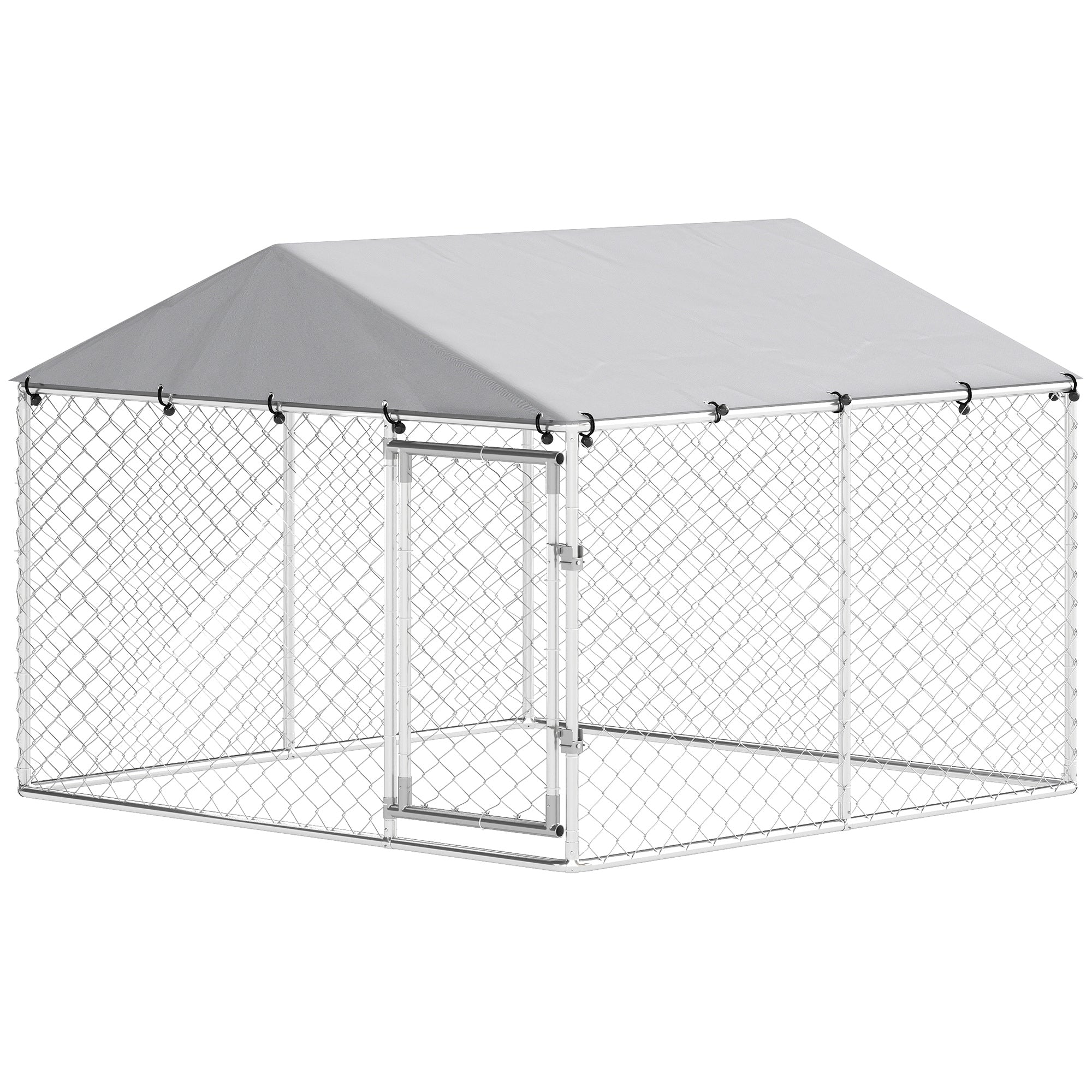 7.5' x 7.5' x 5.6' Outdoor Dog Kennel Heavy Duty Galvanized Steel Chain Link with UV-resistant Roof, Silver