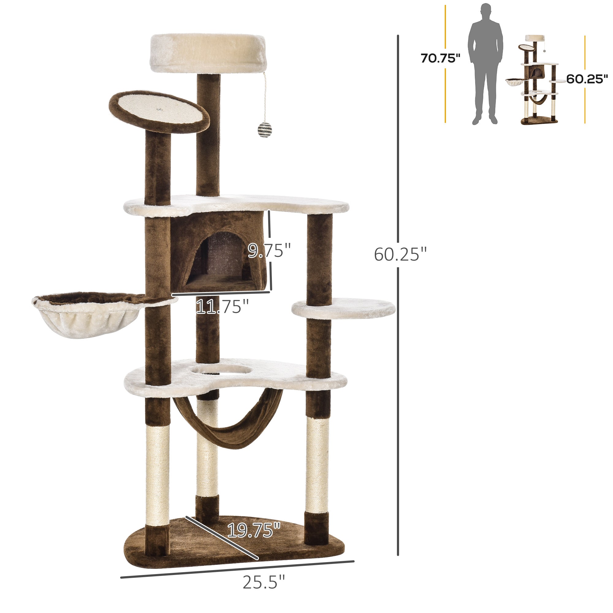 60" Cat Scratching Tree, Cat Bed Condo Post House Pet Furniture Toys-Brown & Beige