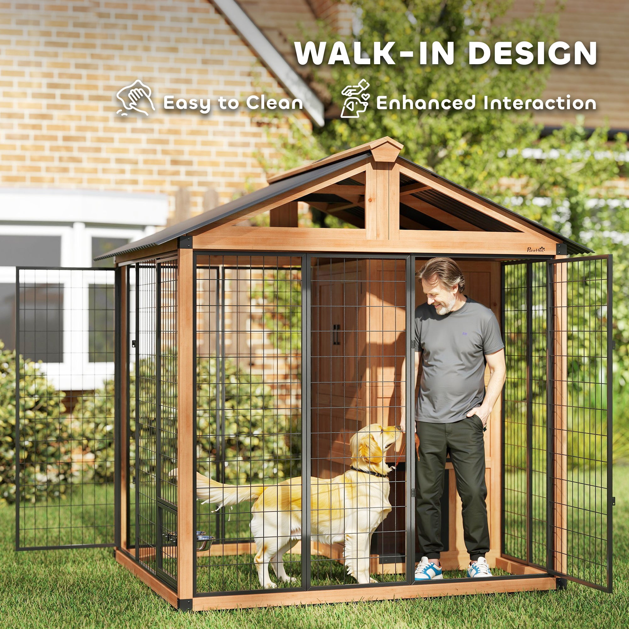 86" L Dog House Outdoor, Wooden Dog Kennel with Storage Cabinet, Stainless Steel Bowls for Large Breeds, Yellow