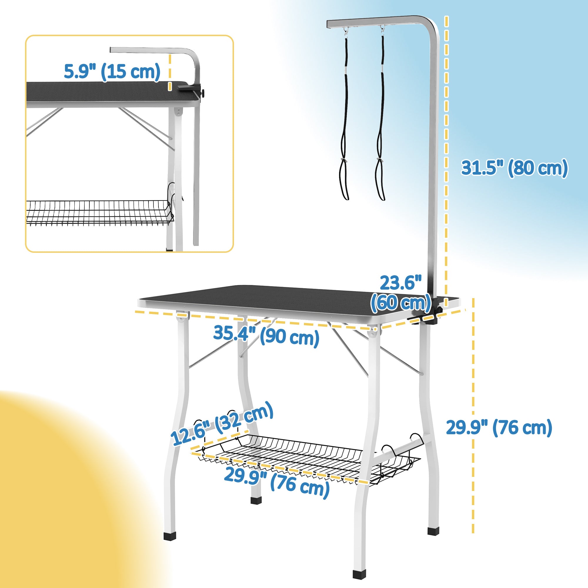 Dog Grooming Table w/ Adjustable Arm, Mesh Tray,  Two Nooses, Rubber Surface, 35" x 24" x 61", Black