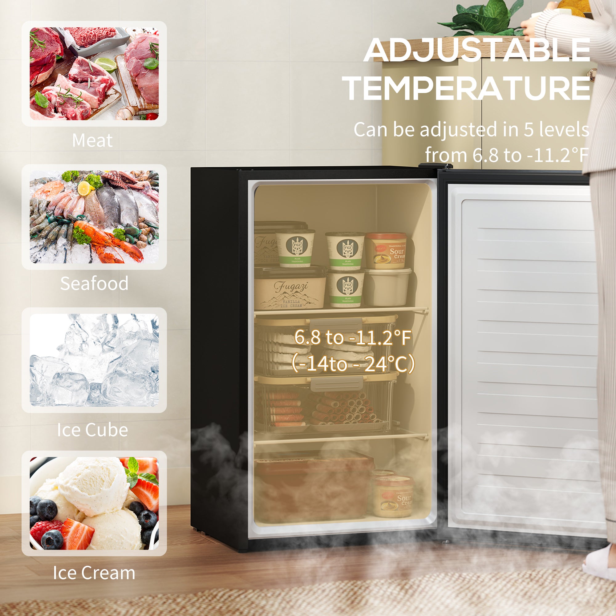 2.1 Cu. Ft. Compact Freezer, Reversible Door, Adjustable Temp, Black-DECOROLALA