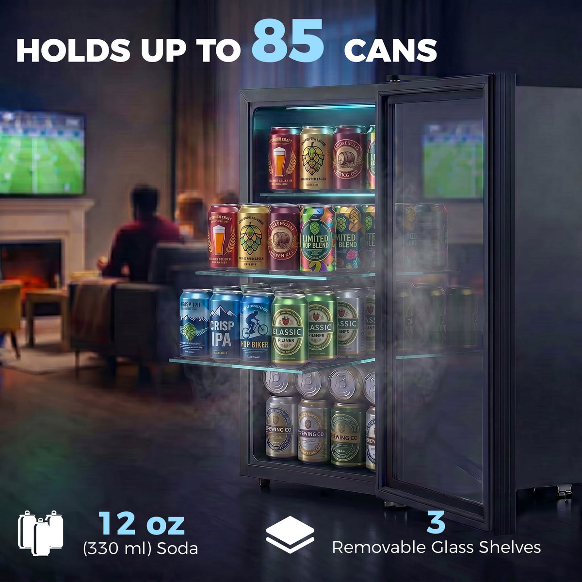 2.1 Cu.Ft Beverage Fridge, 85 Can Drink Fridge with Glass Door, Auto-Defrost and LED Lights for Soda, Beer, Black-Small Kitchen Appliances-DECOROLALA