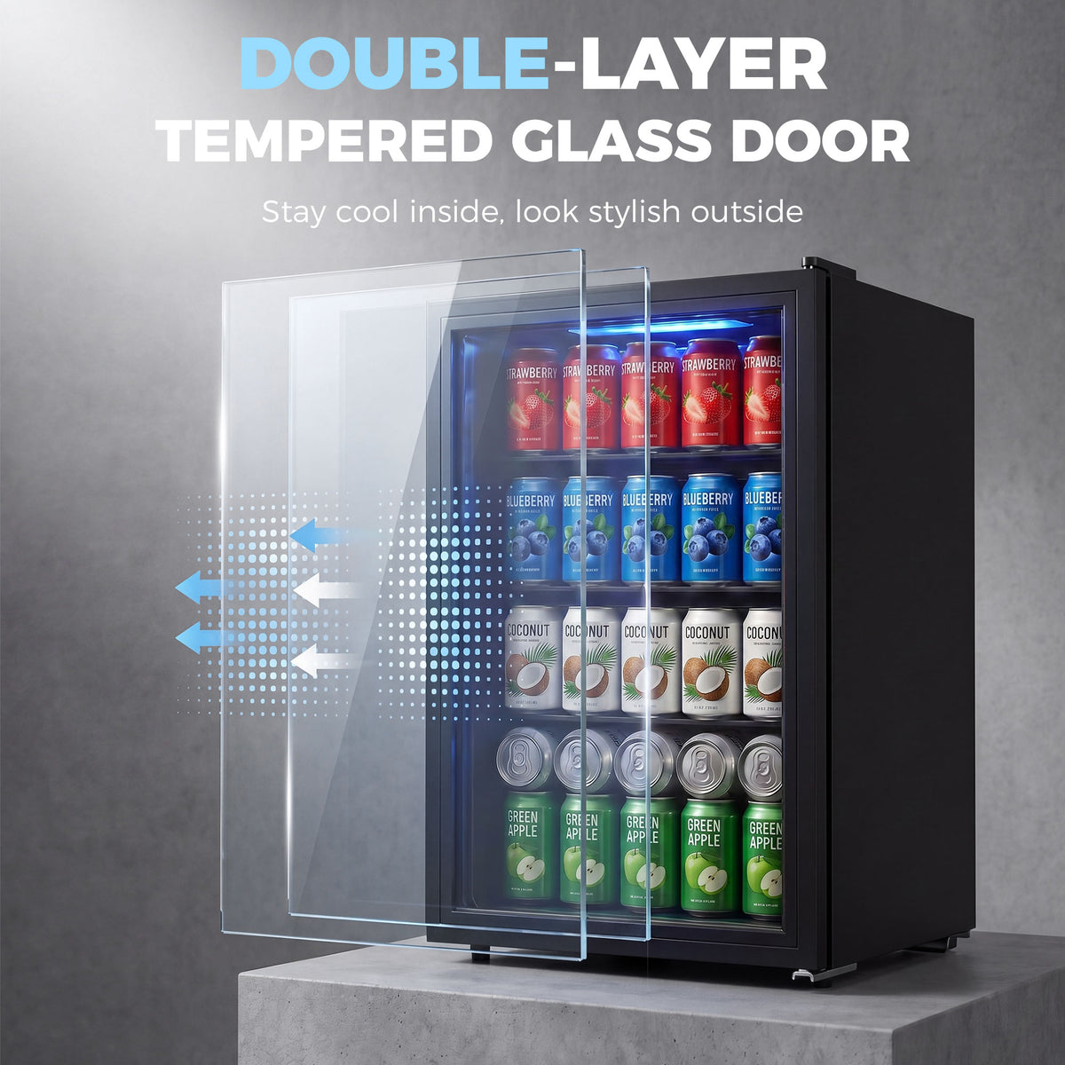 2.1 Cu.Ft Beverage Fridge, 85 Can Drink Fridge with Glass Door, Auto-Defrost and LED Lights for Soda, Beer, Black-Small Kitchen Appliances-DECOROLALA