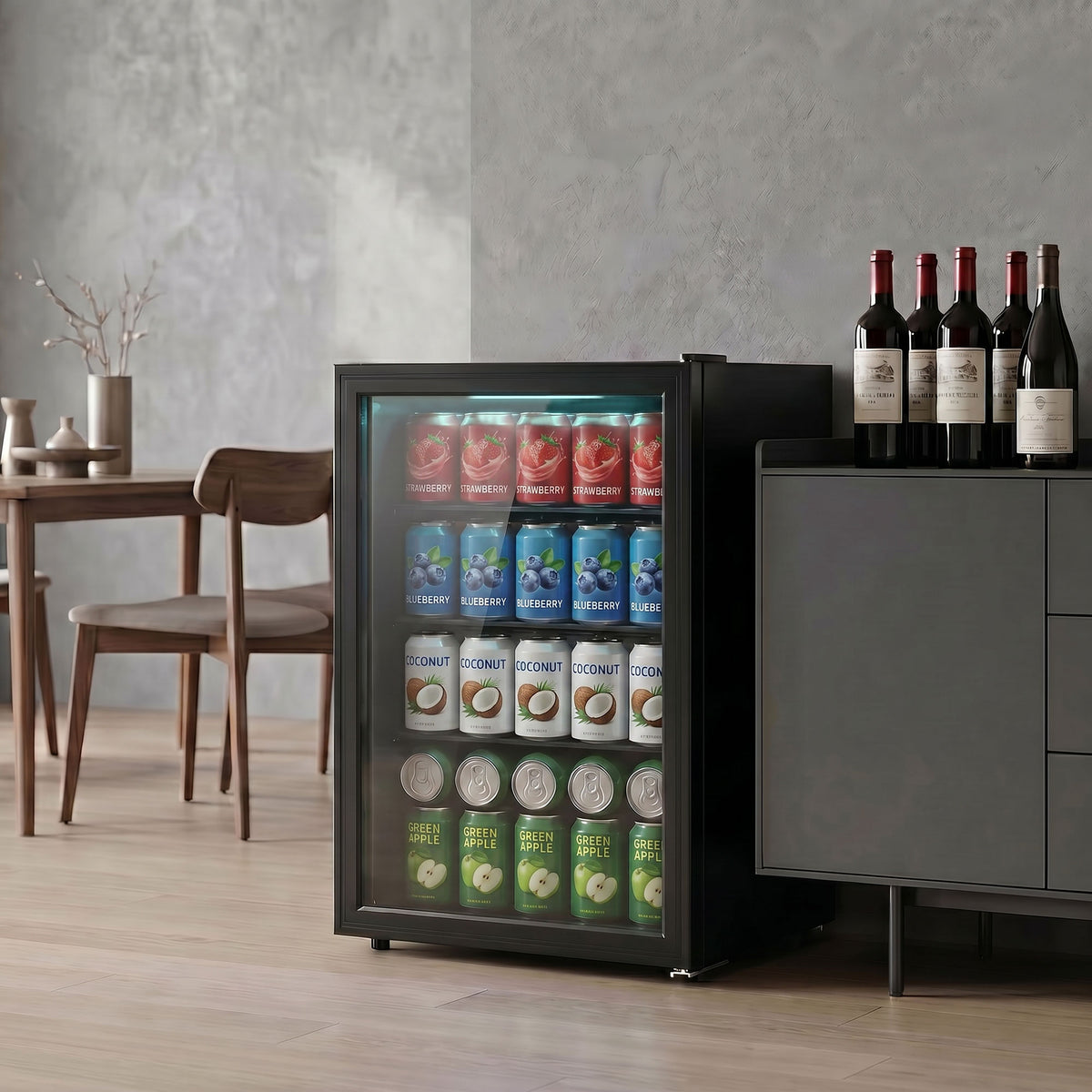 2.1 Cu.Ft Beverage Fridge, 85 Can Drink Fridge with Glass Door, Auto-Defrost and LED Lights for Soda, Beer, Black-Small Kitchen Appliances-DECOROLALA