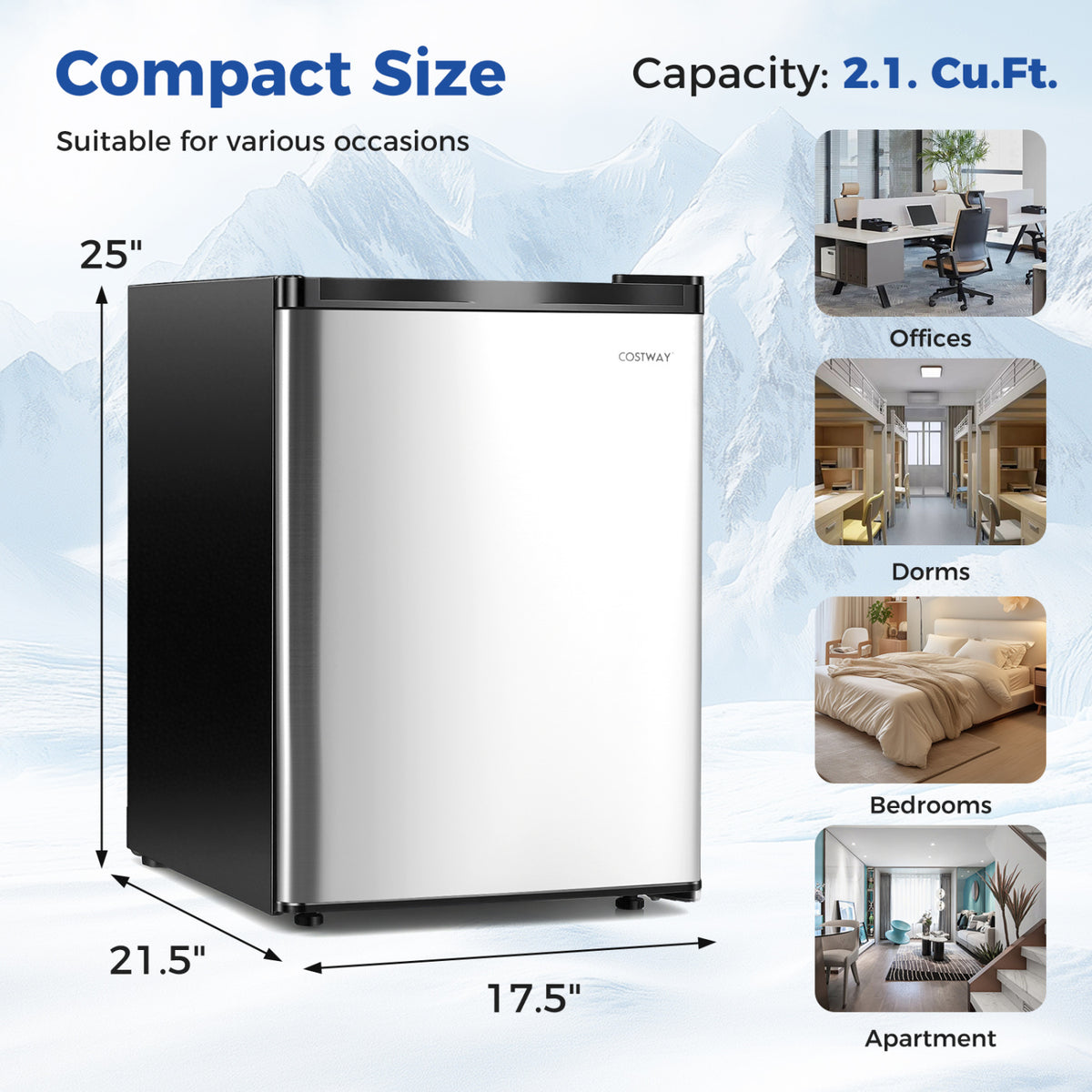 2.1 Cu.Ft Small Freezer with Reversible Single Door Energy Saving-Silver-Refrigerators-DECOROLALA