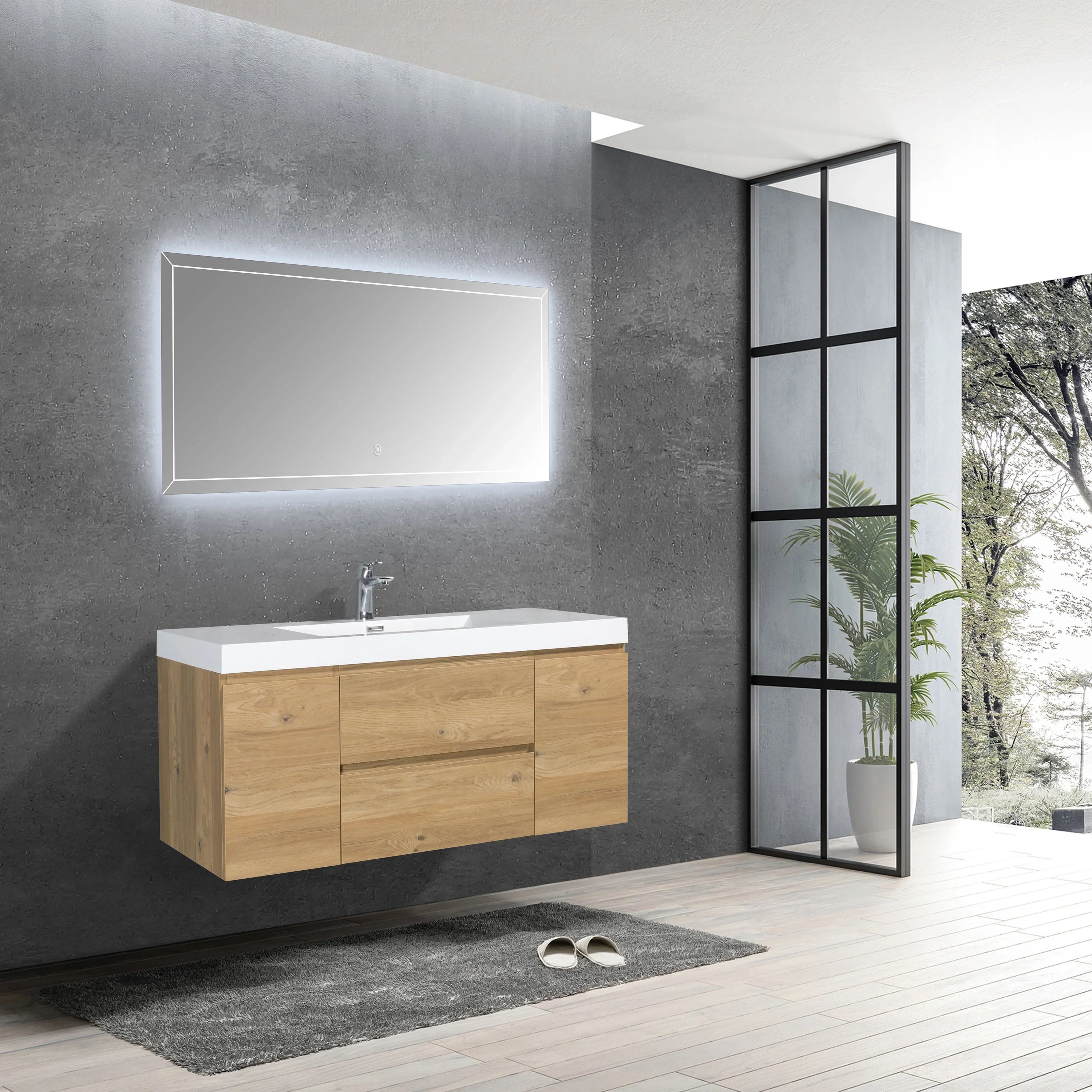 48" Rough Oak Wall Mount Single Sink Bathroom Vanity with White Polymarble Countertop - KD