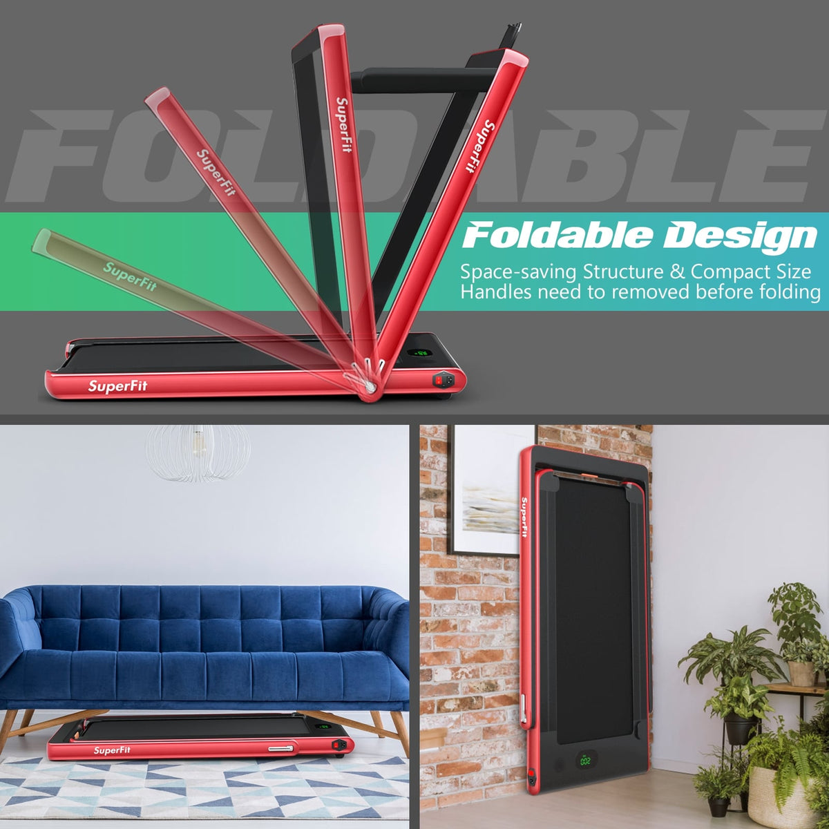 2.25HP 2 in 1 Folding Treadmill with APP Speaker Remote Control-Red-Treadmills-DECOROLALA