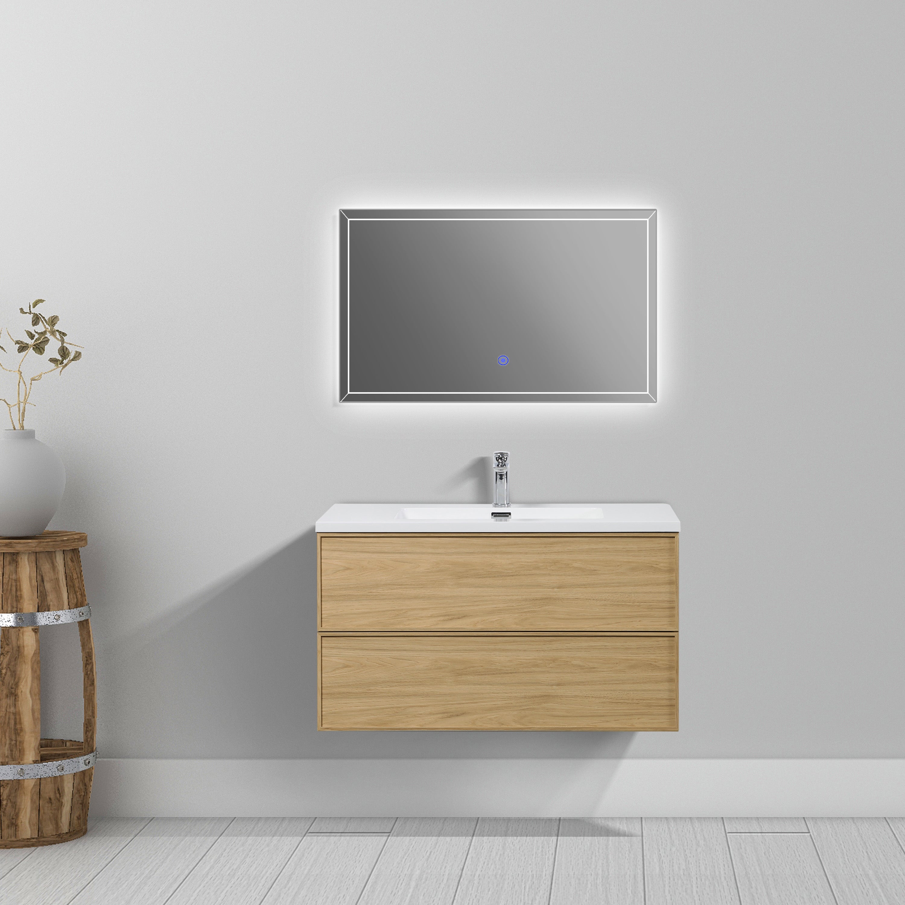 36" Sunset Walnut Wall Mount Bathroom Vanity with White Polymarble Countertop