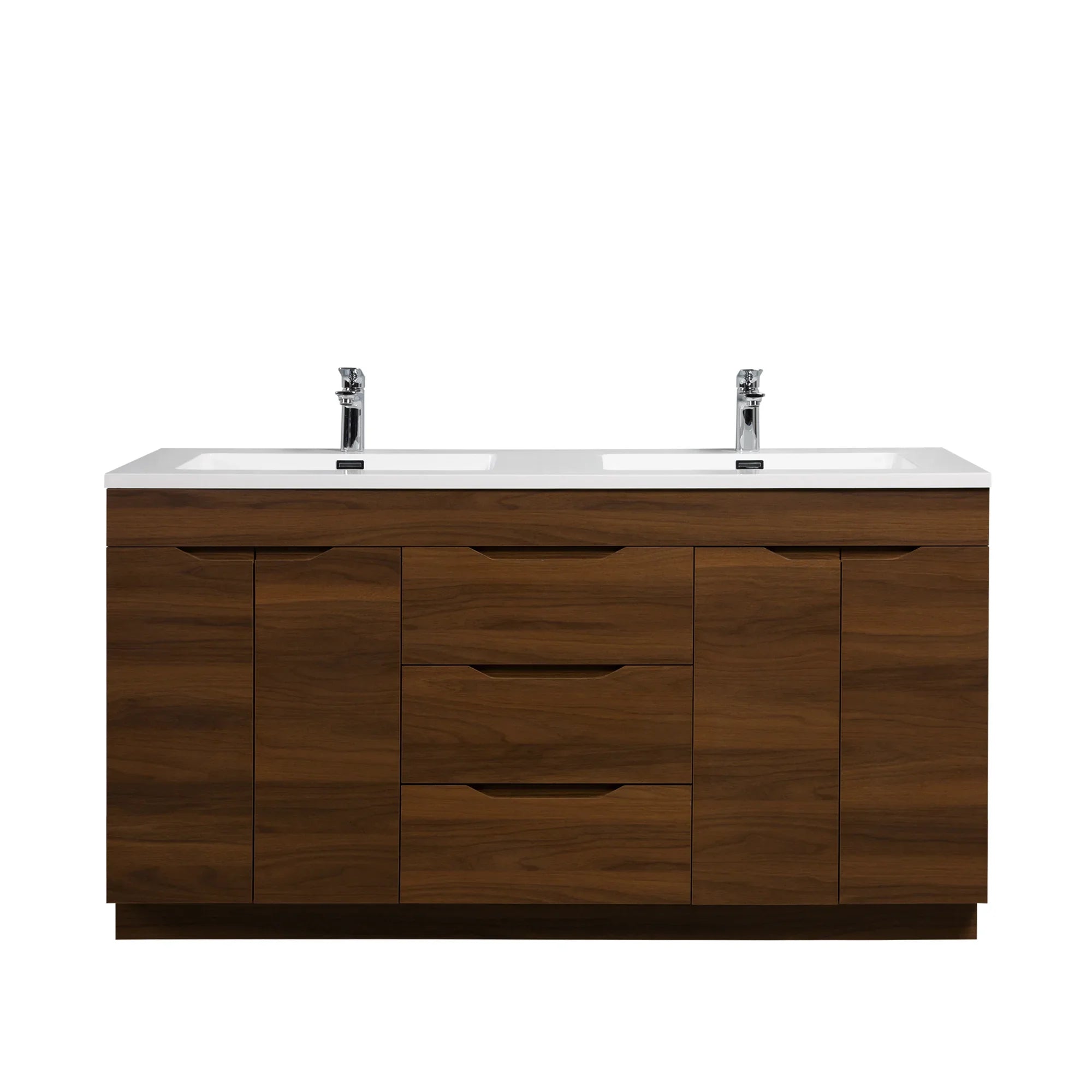 60" Walnut Freestanding Double Sink Bathroom Vanity with White Polymarble Countertop