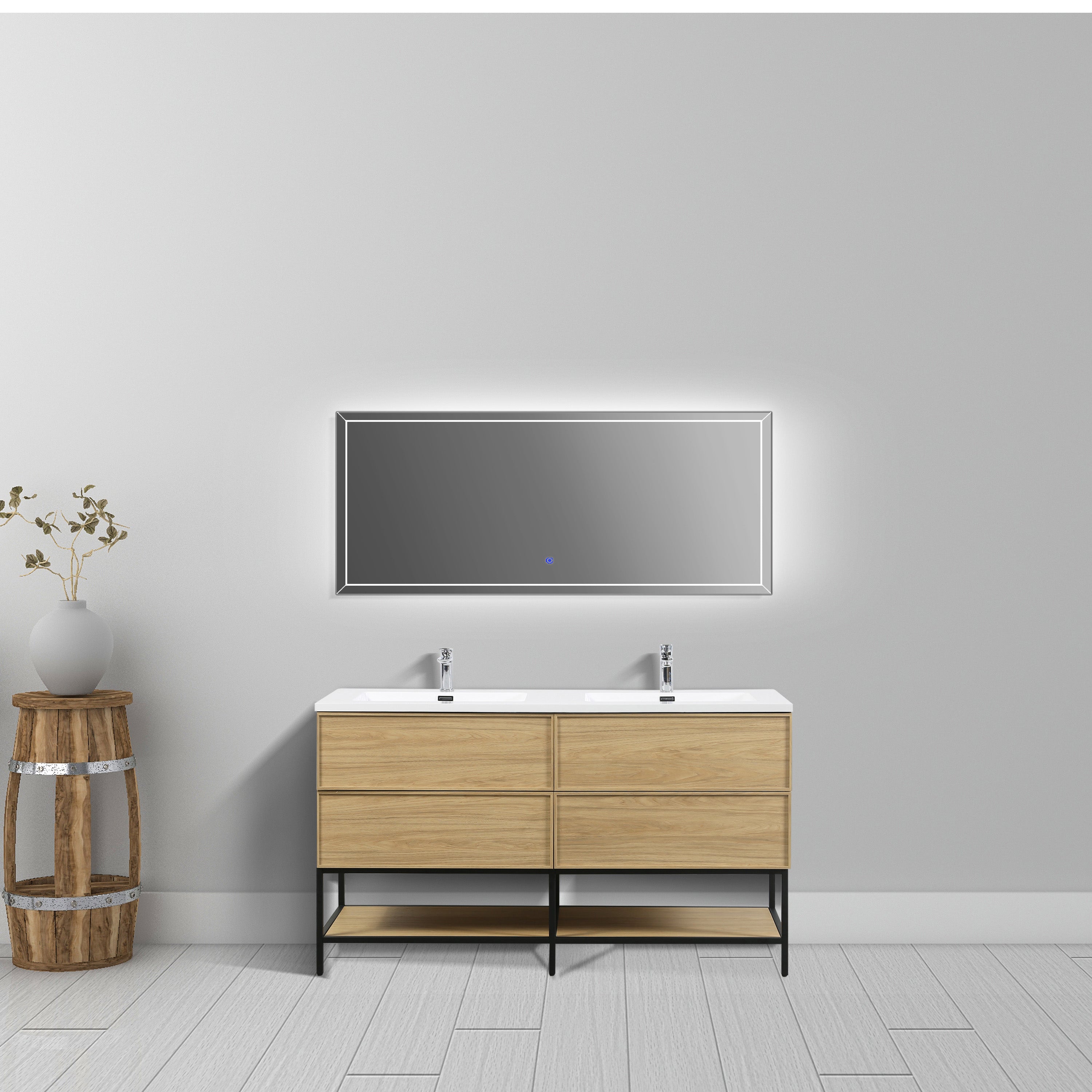 60" Sunset Walnut Wall Mount Double Sink Bathroom Vanity with White Polymarble Countertop
