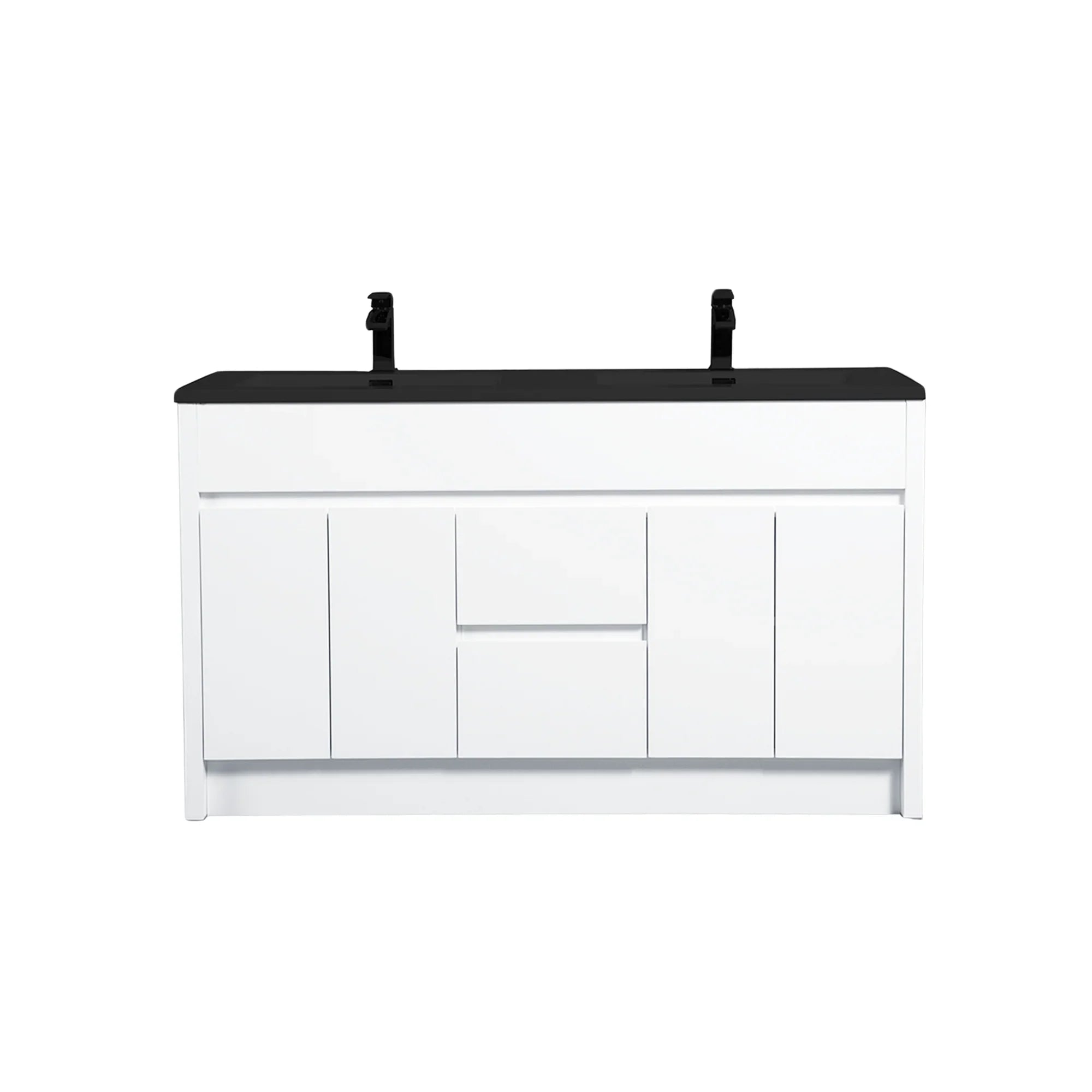 60" Matte White Freestanding Double Sink Bathroom Vanity with Black Engineered Quartz Countertop