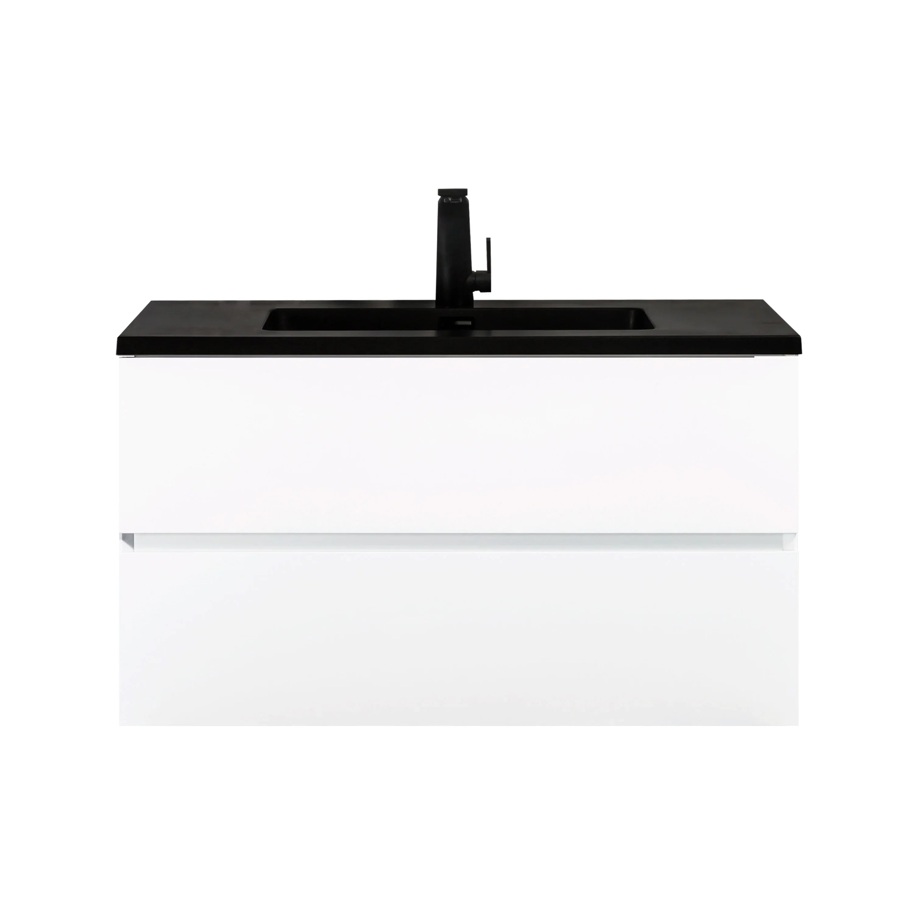36" White Wall Mount Bathroom Vanity with Black Engineered Quartz Countertop