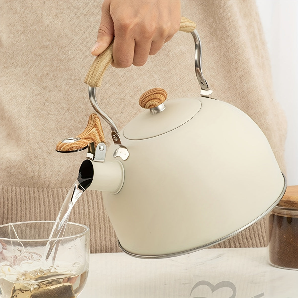 2.5L Whistling Kettle - Creamy White Stainless Steel Wood Handle-Stovetop Kettl-DECOROLALA