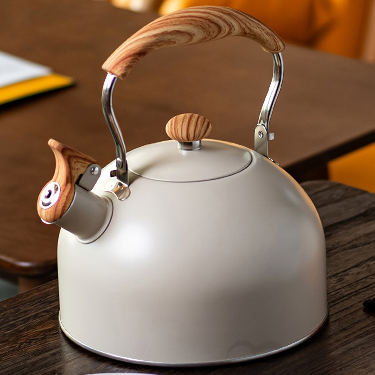 2.5L Whistling Kettle - Creamy White Stainless Steel Wood Handle-Stovetop Kettl-DECOROLALA