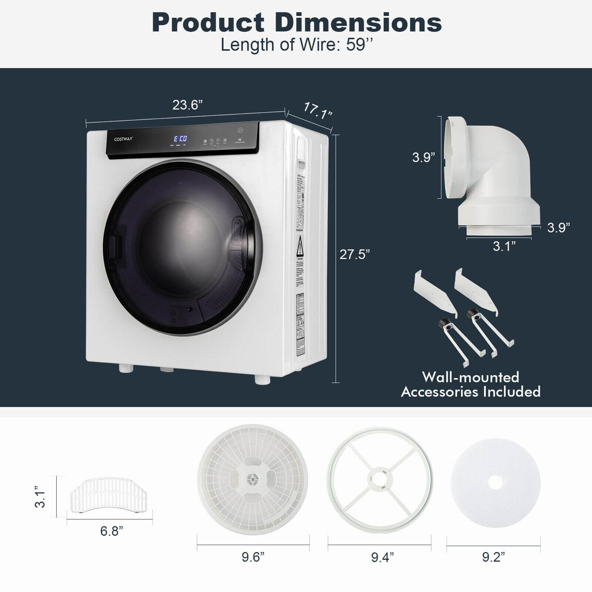 2.6 Cu.ft Compact Clothes Dryer with Touch Panel and 2 Modes-White-Dryers-DECOROLALA
