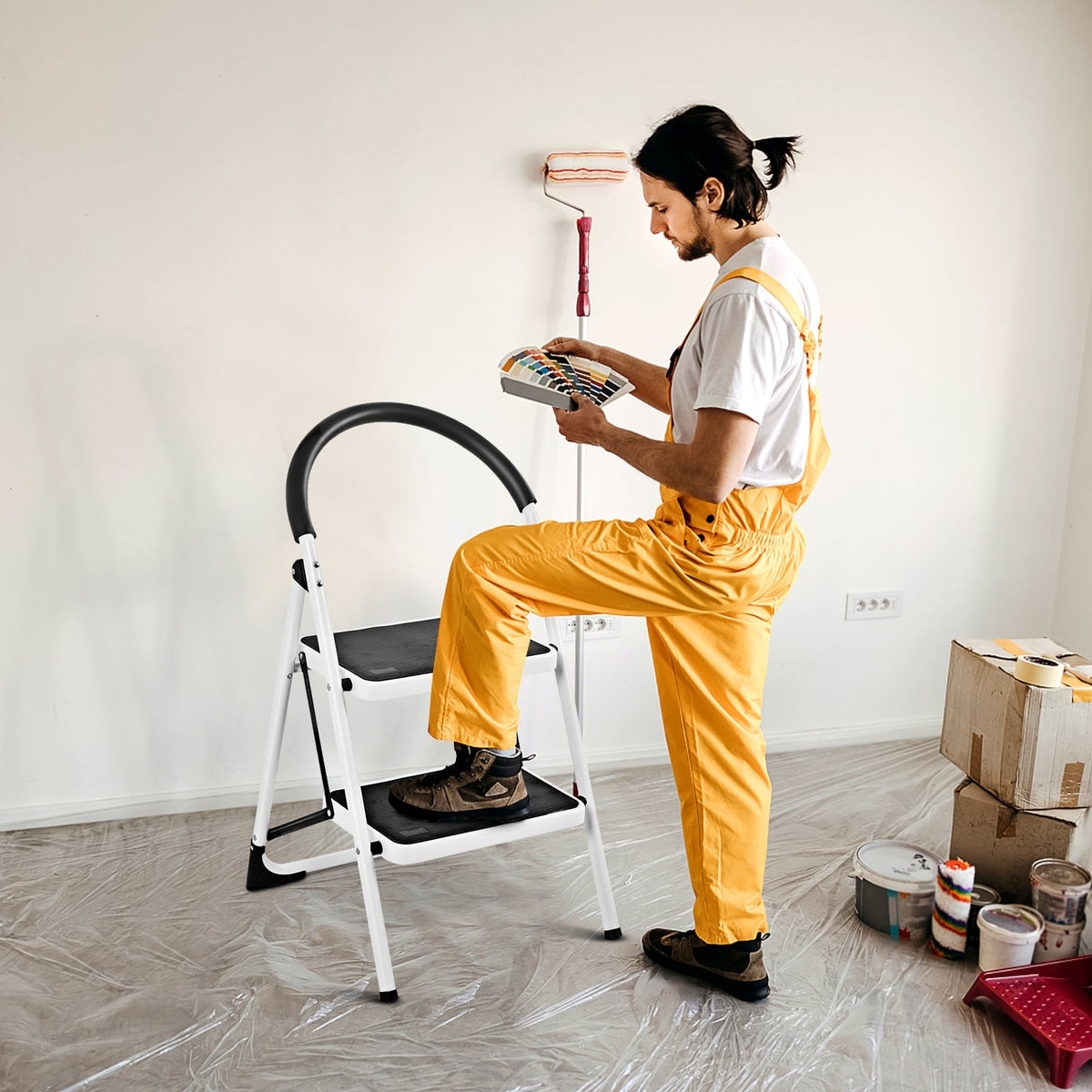 2.75 Feet Folding Step Stool with Iron Frame and Anti-Slip Pedals for 330lbs Capacity-Ladders-DECOROLALA