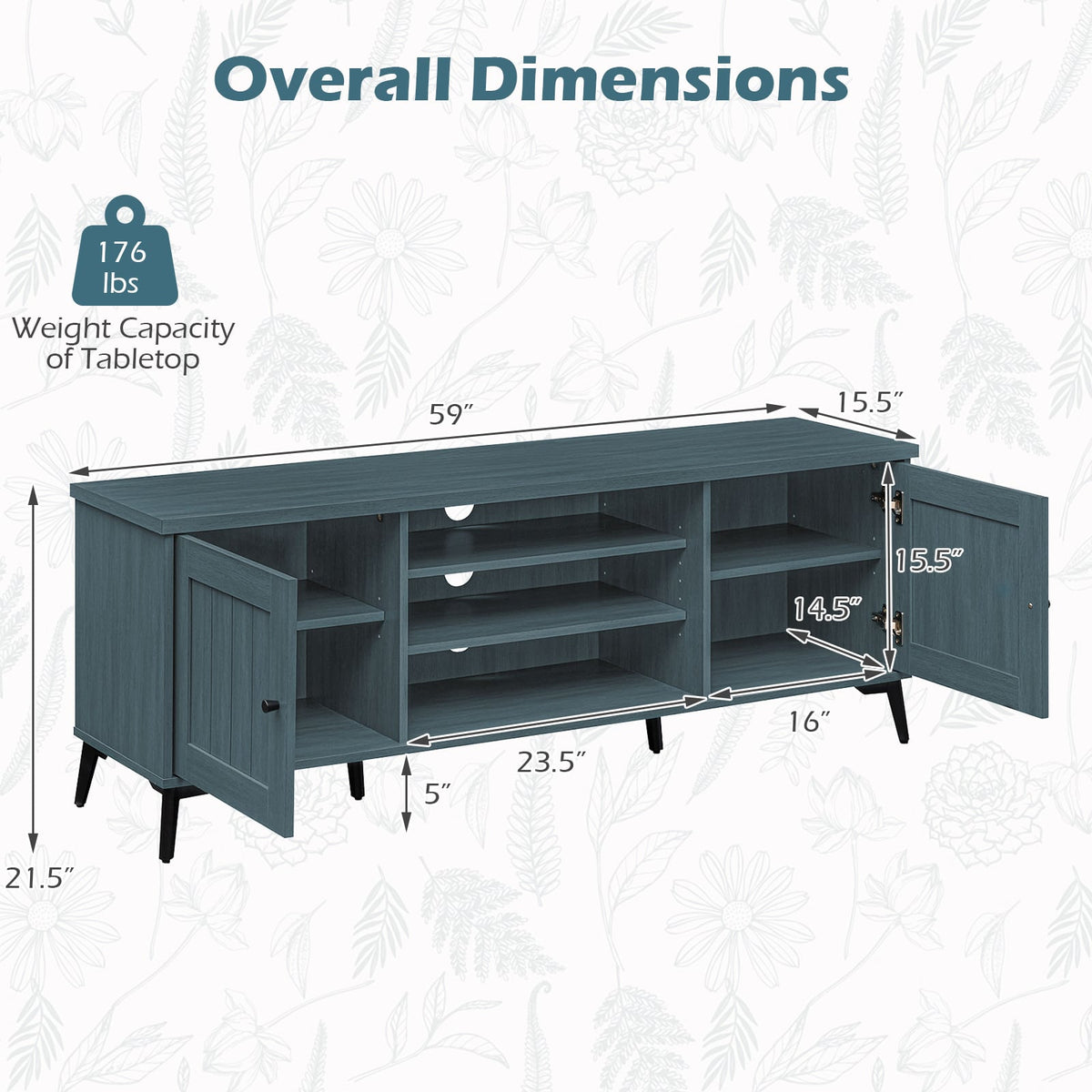 2-Door TV Stand for TVs up to 65 Inch Mid Century Modern Entertainment Center-Turquoise-Entertainment Centers & TV Stands-DECOROLALA