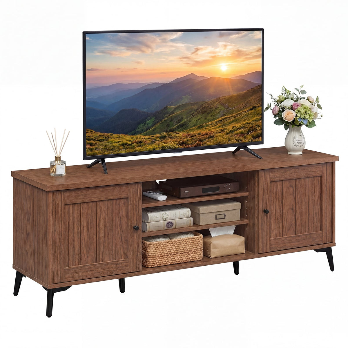 2-Door TV Stand for TVs up to 65 Inch Mid Century Modern Entertainment Center-Brown-Entertainment Centers & TV Stands-DECOROLALA