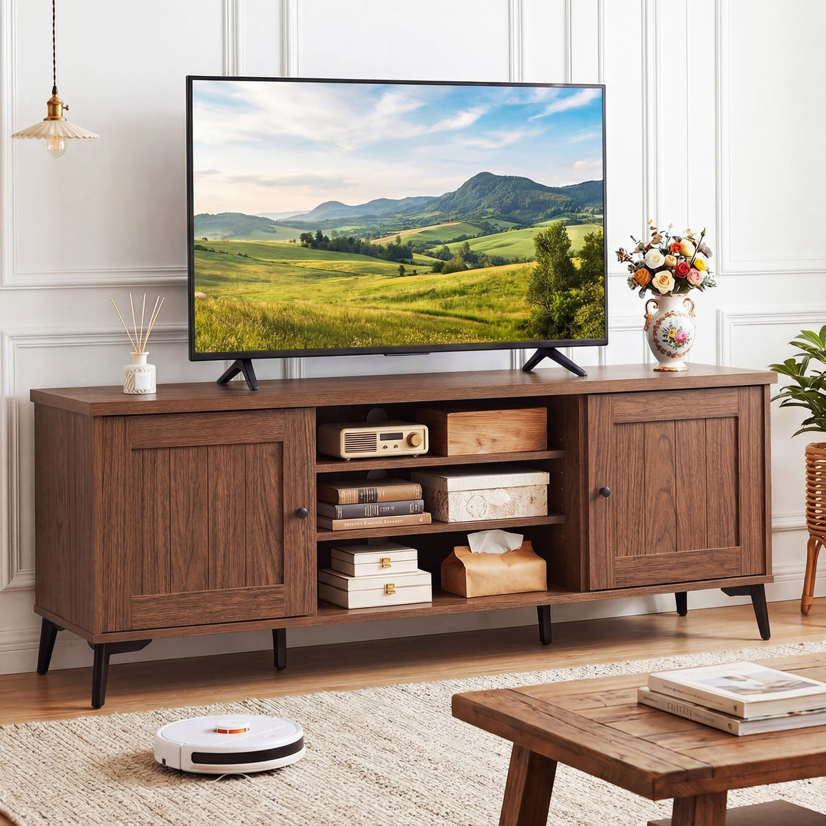 2-Door TV Stand for TVs up to 65 Inch Mid Century Modern Entertainment Center-Brown-Entertainment Centers & TV Stands-DECOROLALA