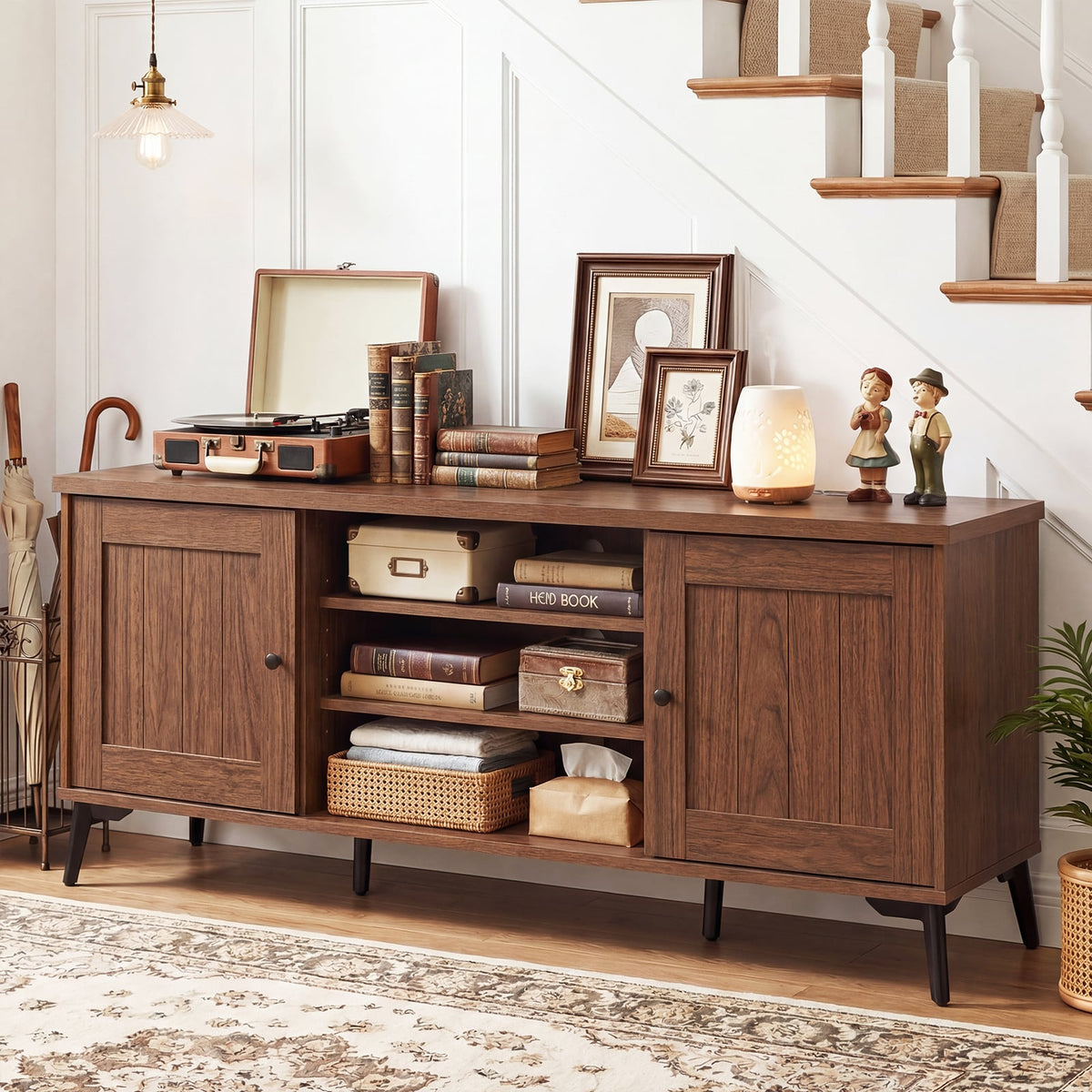 2-Door TV Stand for TVs up to 65 Inch Mid Century Modern Entertainment Center-Brown-Entertainment Centers & TV Stands-DECOROLALA