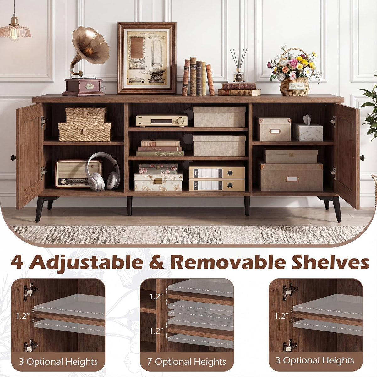 2-Door TV Stand for TVs up to 65 Inch Mid Century Modern Entertainment Center-Brown-Entertainment Centers & TV Stands-DECOROLALA