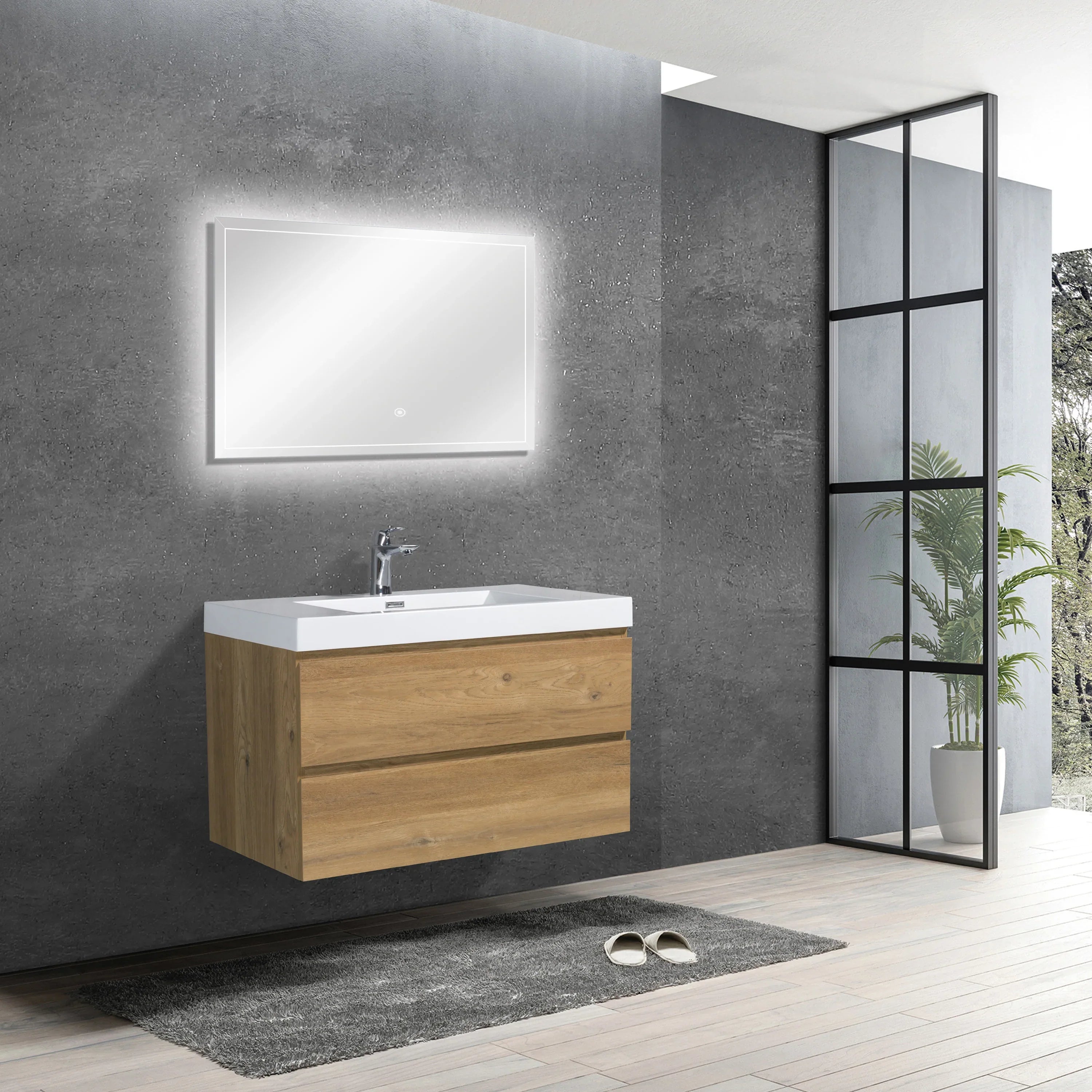 36" Rough Oak Wall Mount Bathroom Vanity with White Polymarble Countertop