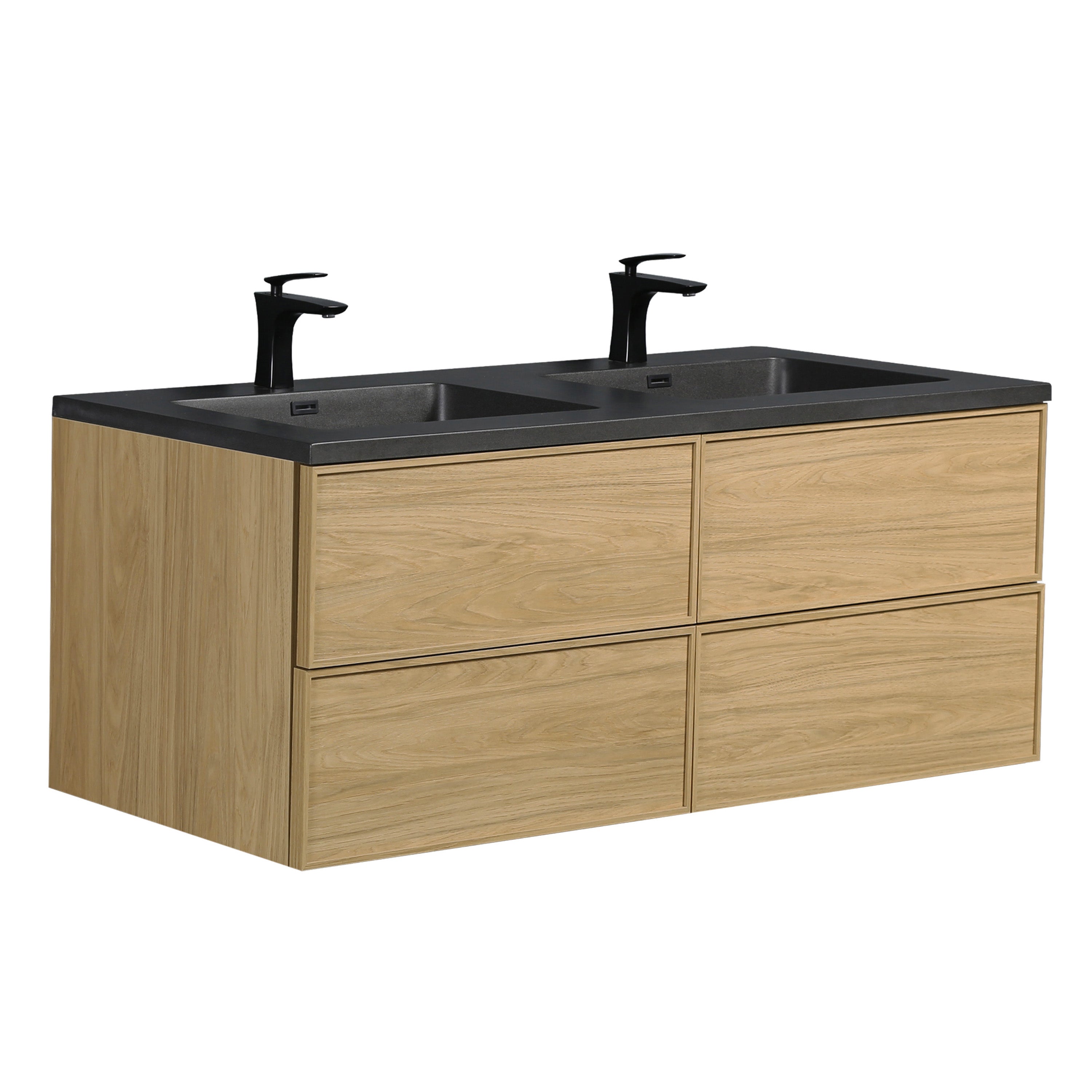 60" Sunset Walnut Wall Mount Double Sink Bathroom Vanity with Black Engineered Quartz Countertop