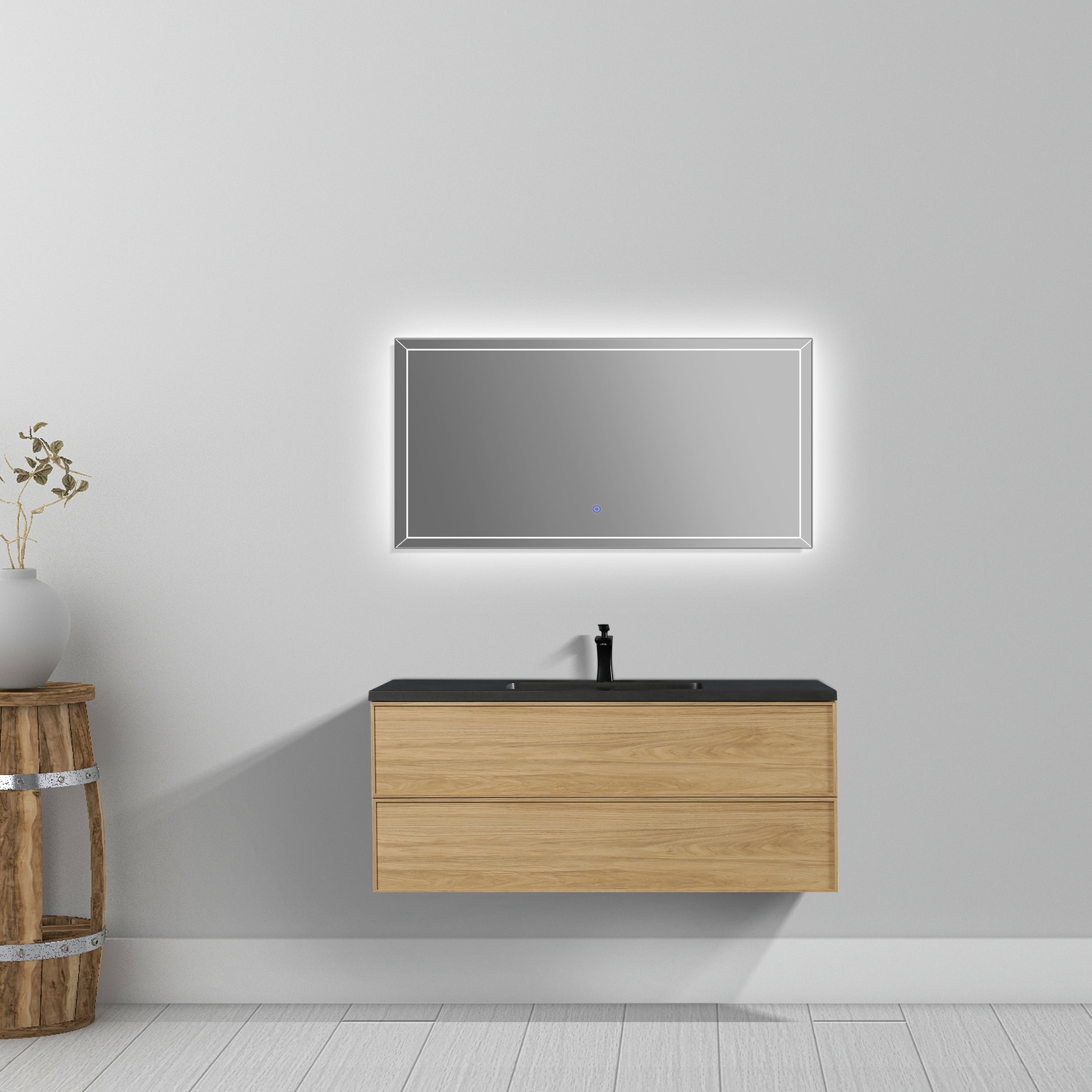 48" Sunset Walnut Wall Mount Bathroom Vanity with Black Engineered Quartz Countertop