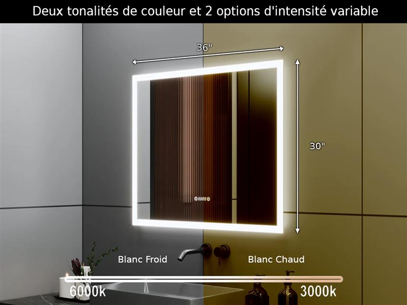 36" x 30" Smart LED Bathroom Mirror with Digital Time & Temperature Display - Professional Anti-Fog Mirror with Dual Color Temperature (3000K/6000K), Touch Dimming Control & 5mm Copper-Free Silver Glass