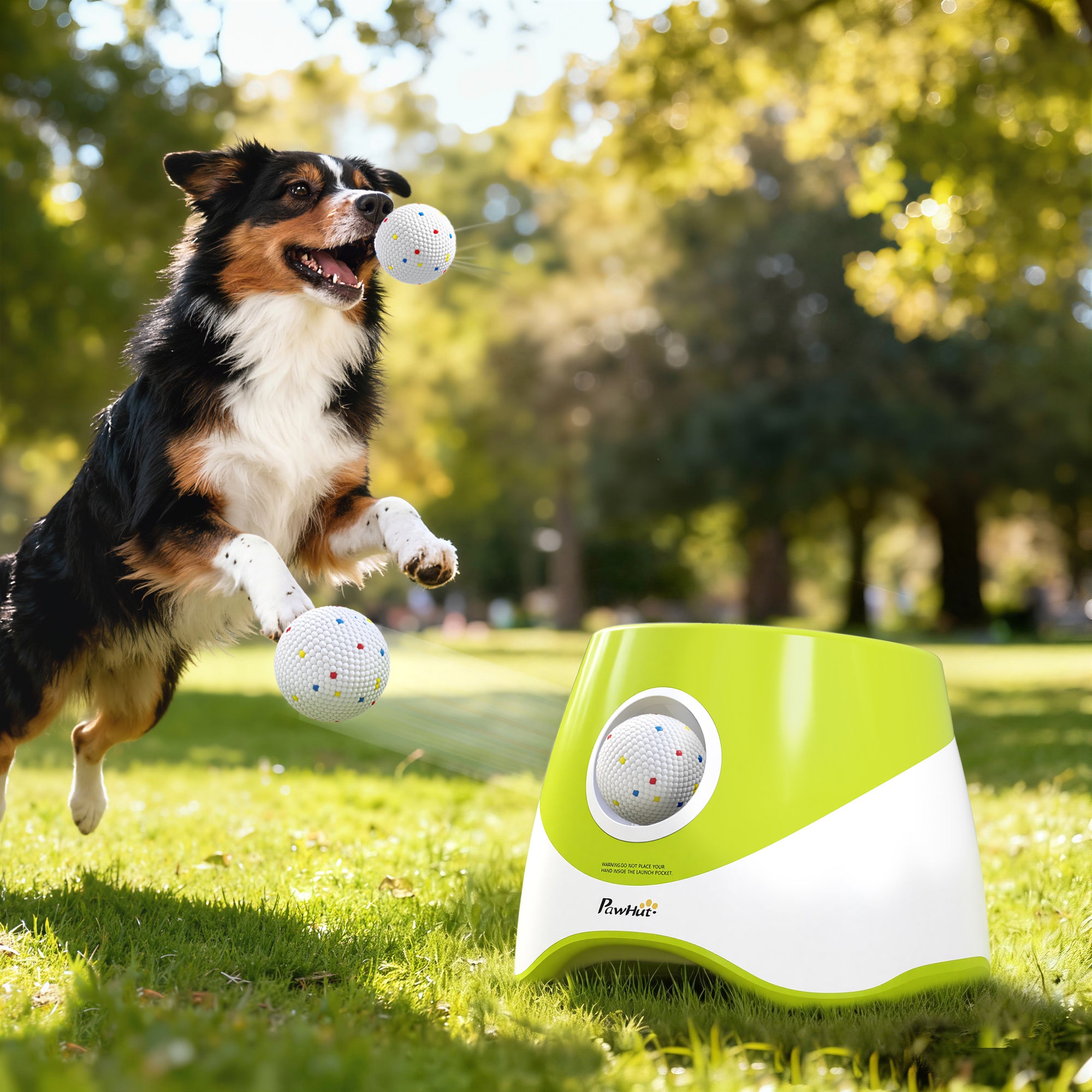 Automatic Dog Ball Launcher with 5 ETPU Balls 2.3", 3 Distance Settings 20ft, 33ft, 46ft, Green