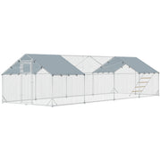 Large Metal Chicken Run with Waterproof & UV-Resistant Cover, Feeding Door, Hanging Feeder, Perch, for 24-30 Chickens