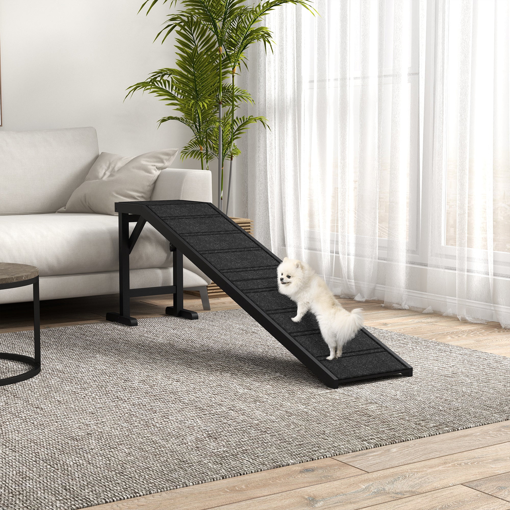 Pet Ramp Bed Steps for Dogs Cats Non-slip Carpet Top Platform Pine Wood 74"L x 16"W x 25"H Black