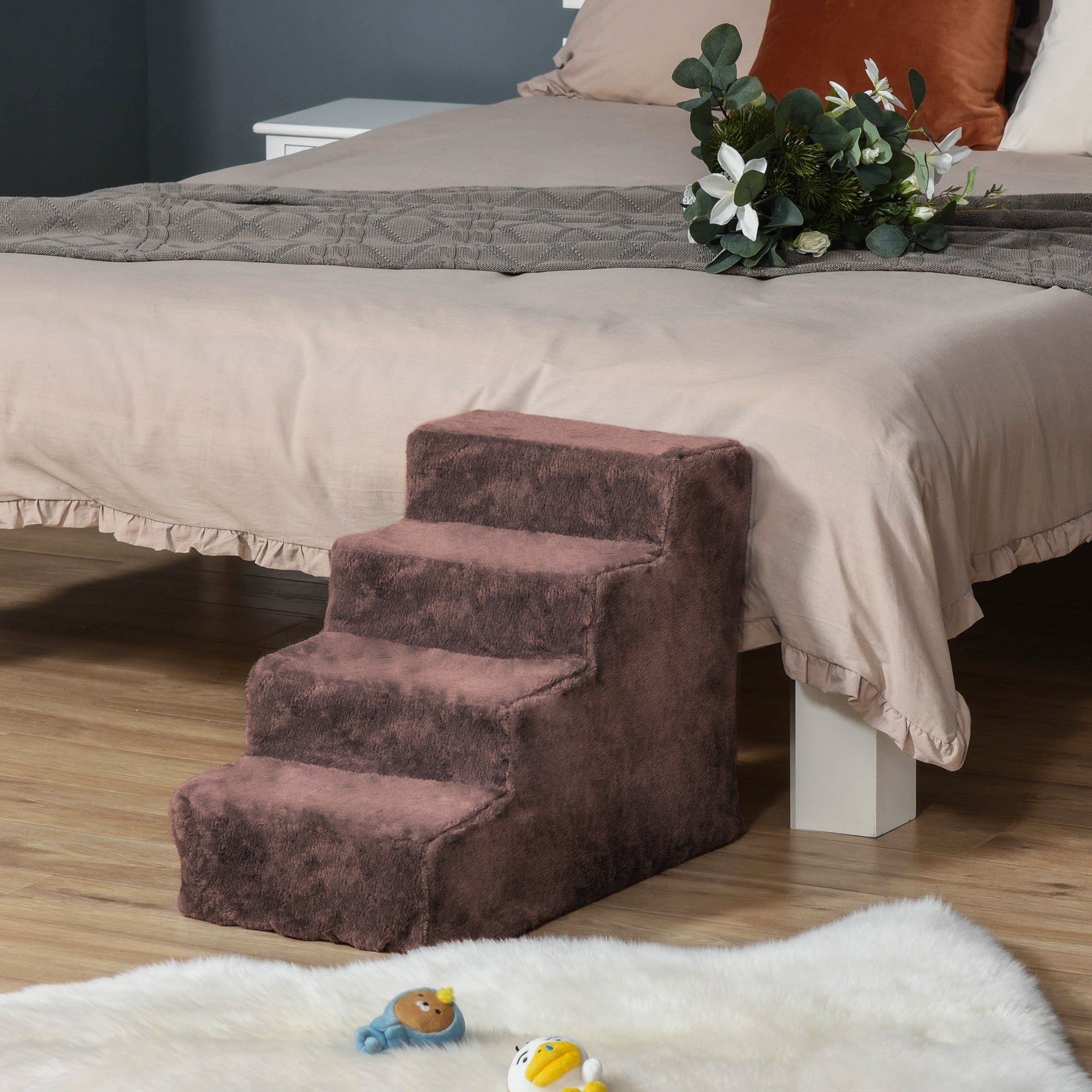 4-Step Dog Ramp for Sofa, Bed, and Couch, with Removable Cover, Brown