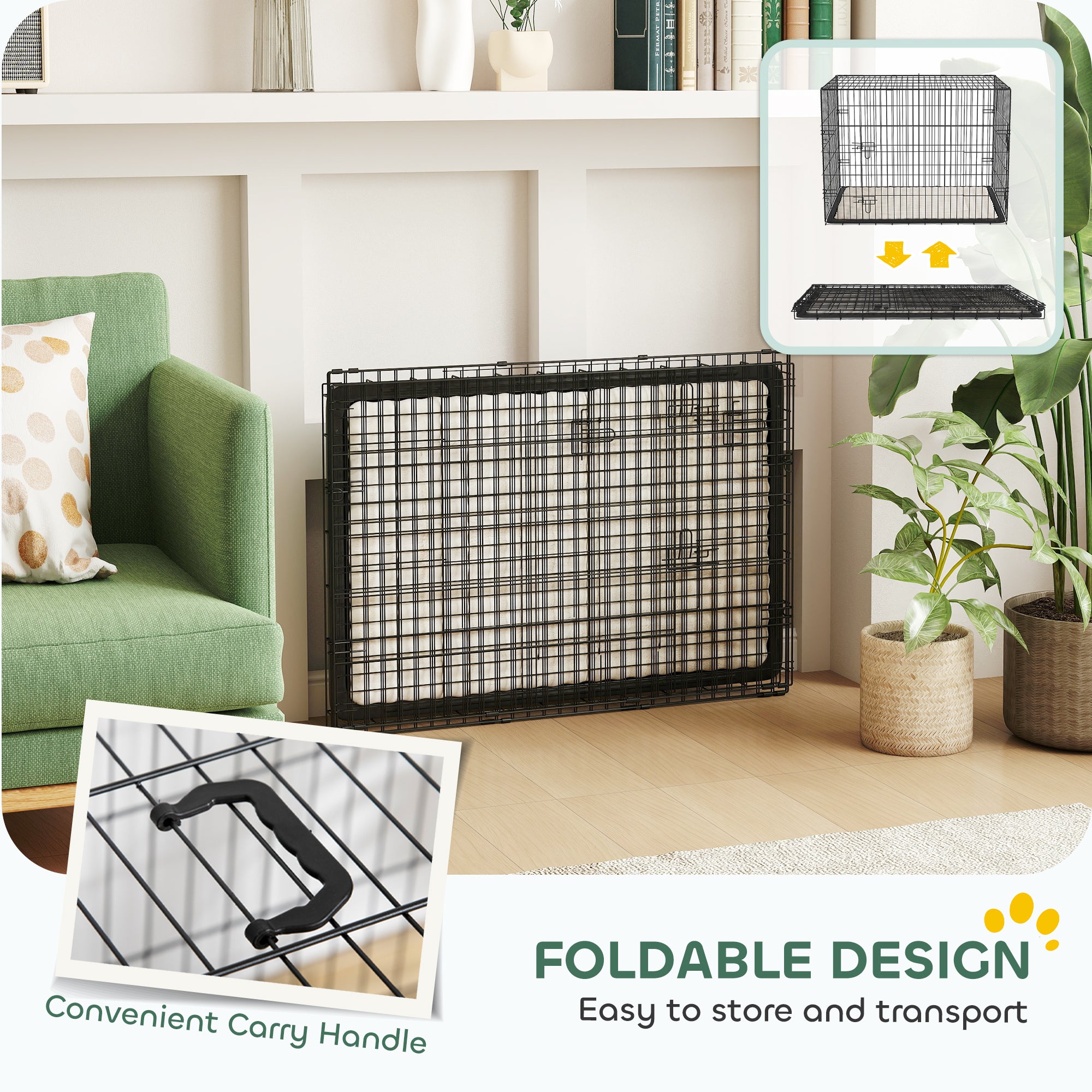 35" Dog Crate with 2 Doors, Folding Metal Dog Cage with Soft Cushion, Removable Tray, Handle, Black