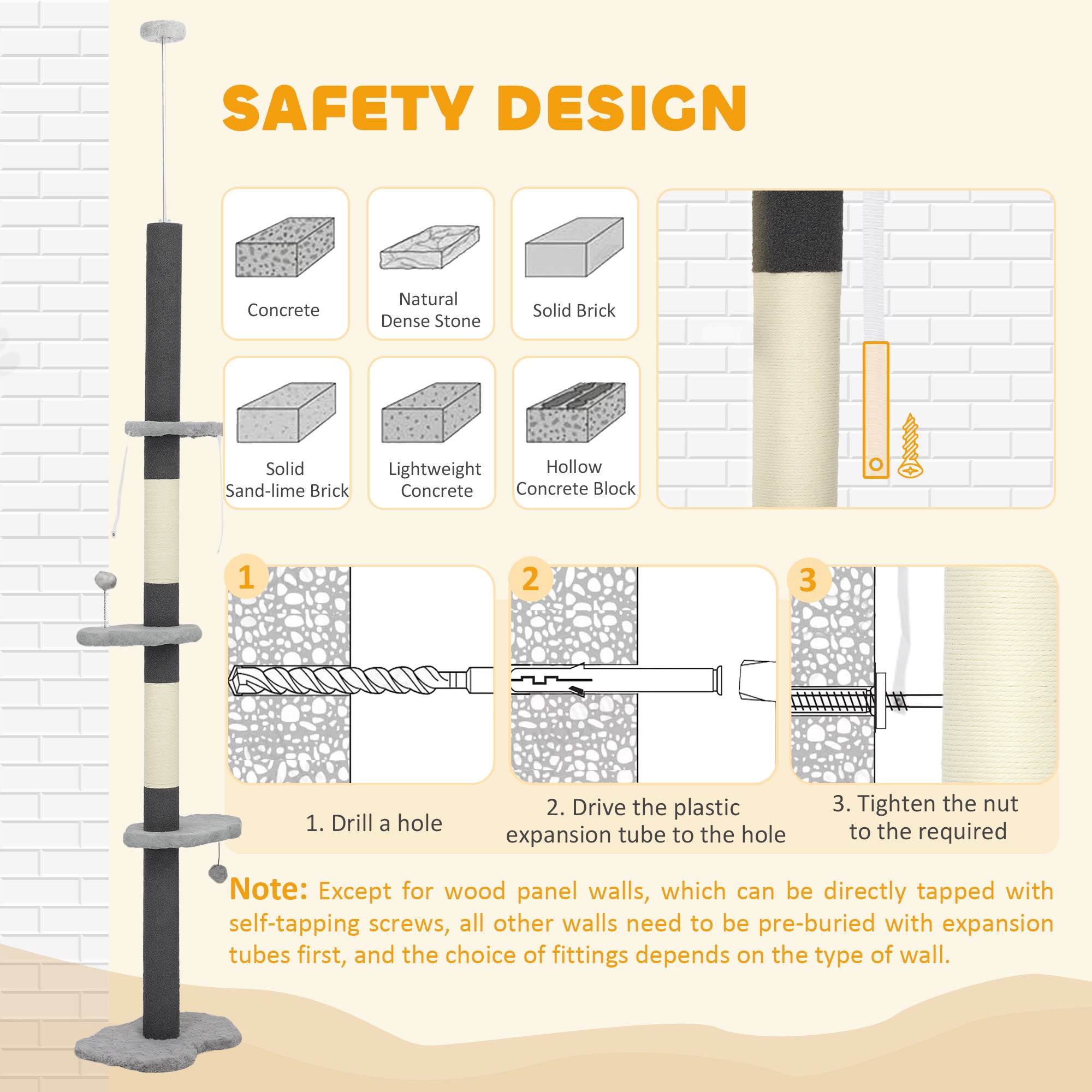 88.5"-100.5" Floor to Ceiling Cat Tree, Cat Tower with Scratching Posts, Cloud Shaped Platforms, Dangling Balls, Grey