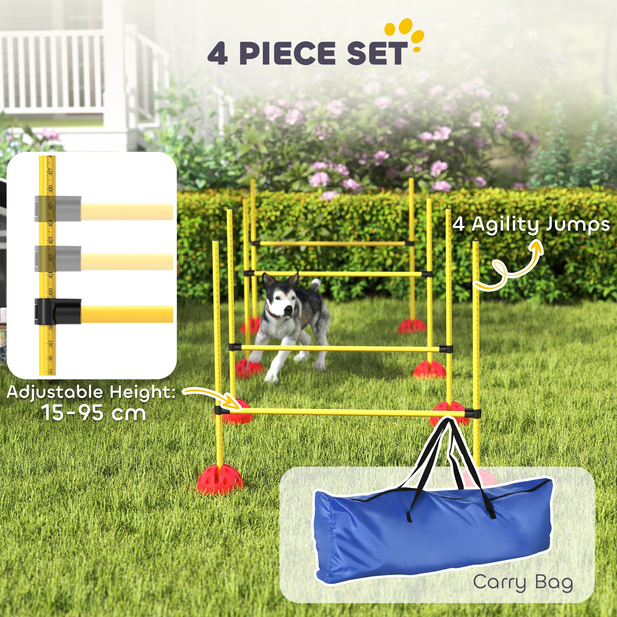 Dog Agility Training Equipment, 4 PCS Obstacle Course with Height Adjustable Jump Hurdle and Bag, Yellow