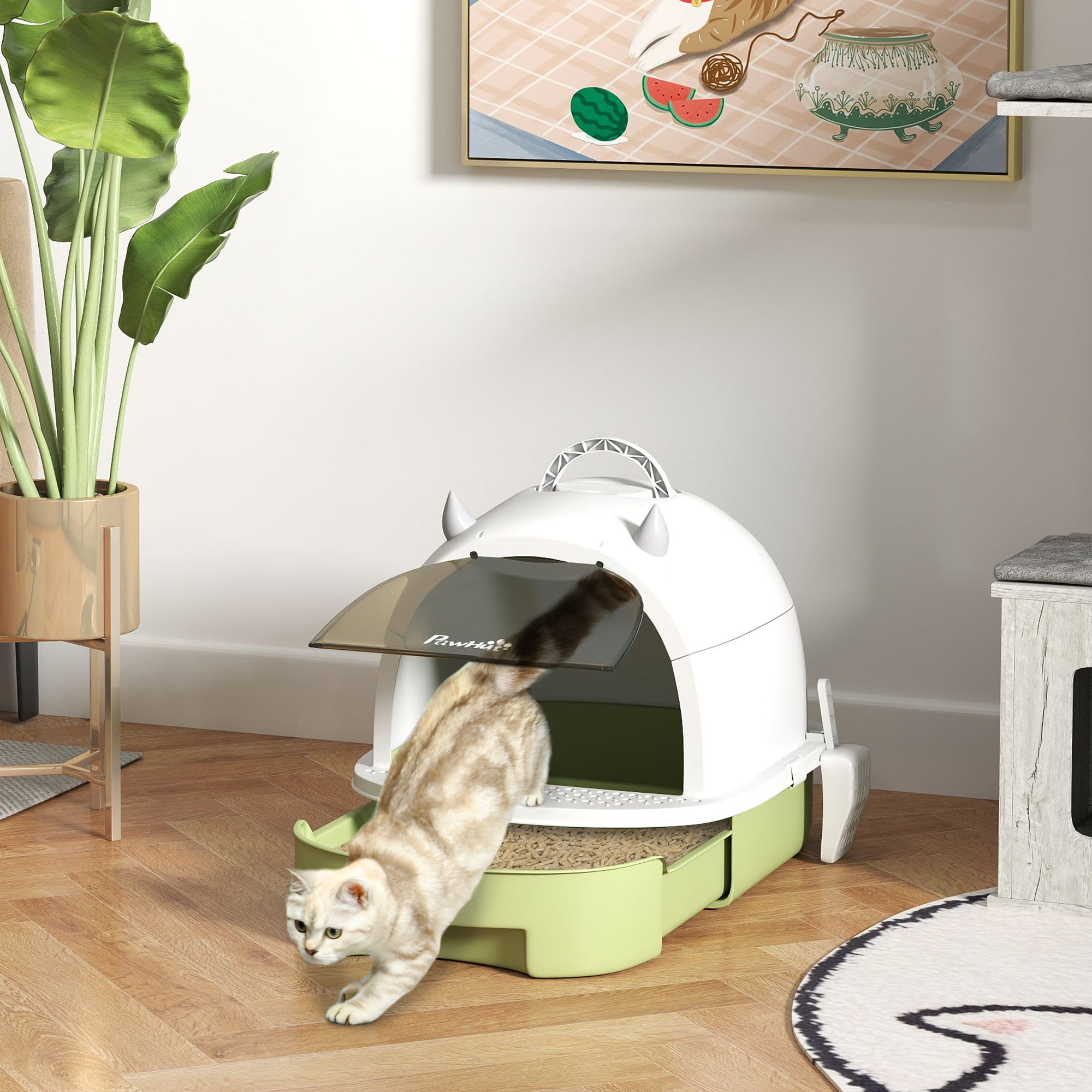 Cat Litter Box with Lid, Front Door Flap, Scoop, Handle, Easy Clean, for Small and Medium Cats, Green