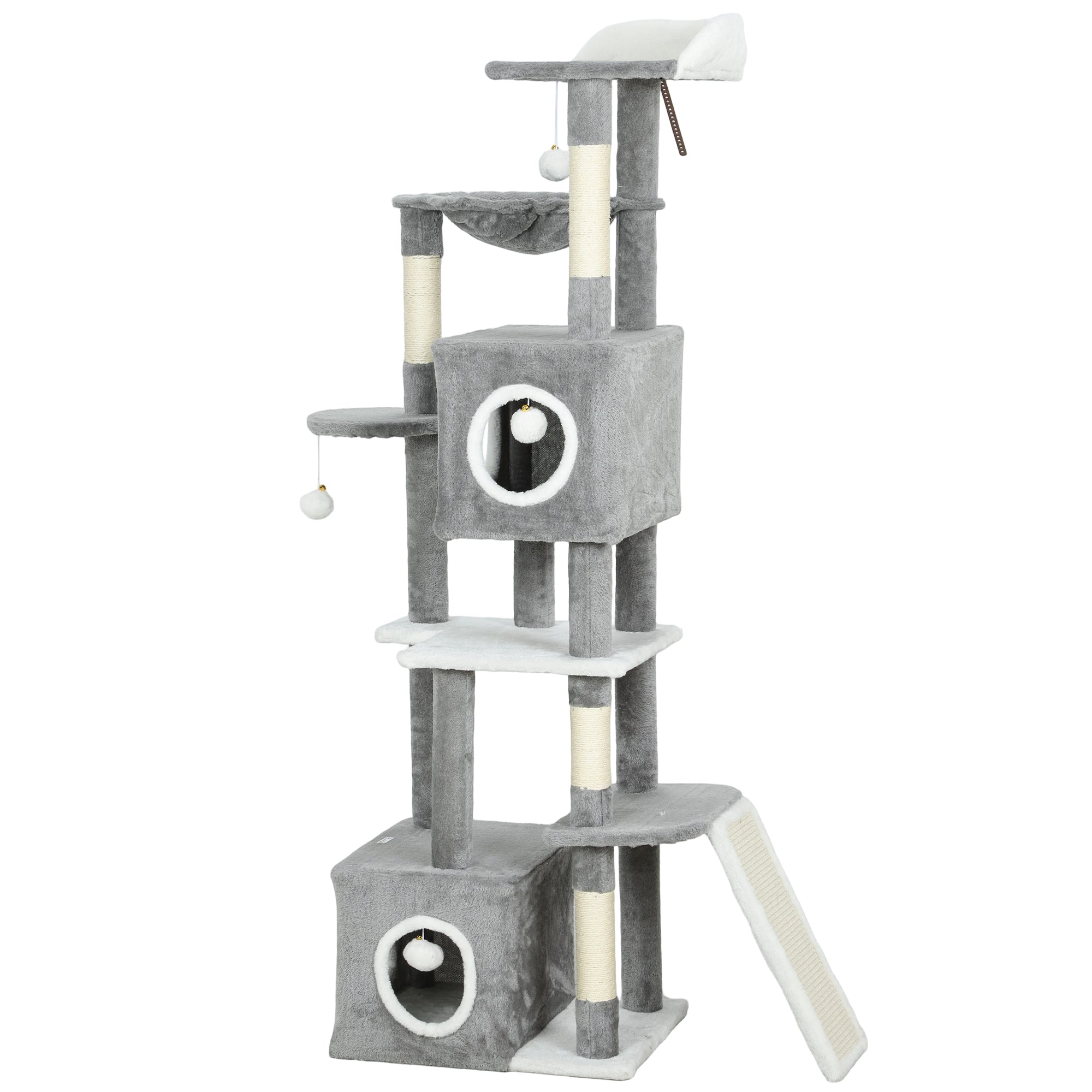 65 Inch Cat Tree with 2 Doors Condos, Plush Top Perch, Hammock, Sisal Scratching Posts, 4 Pompoms, Ramp, Grey