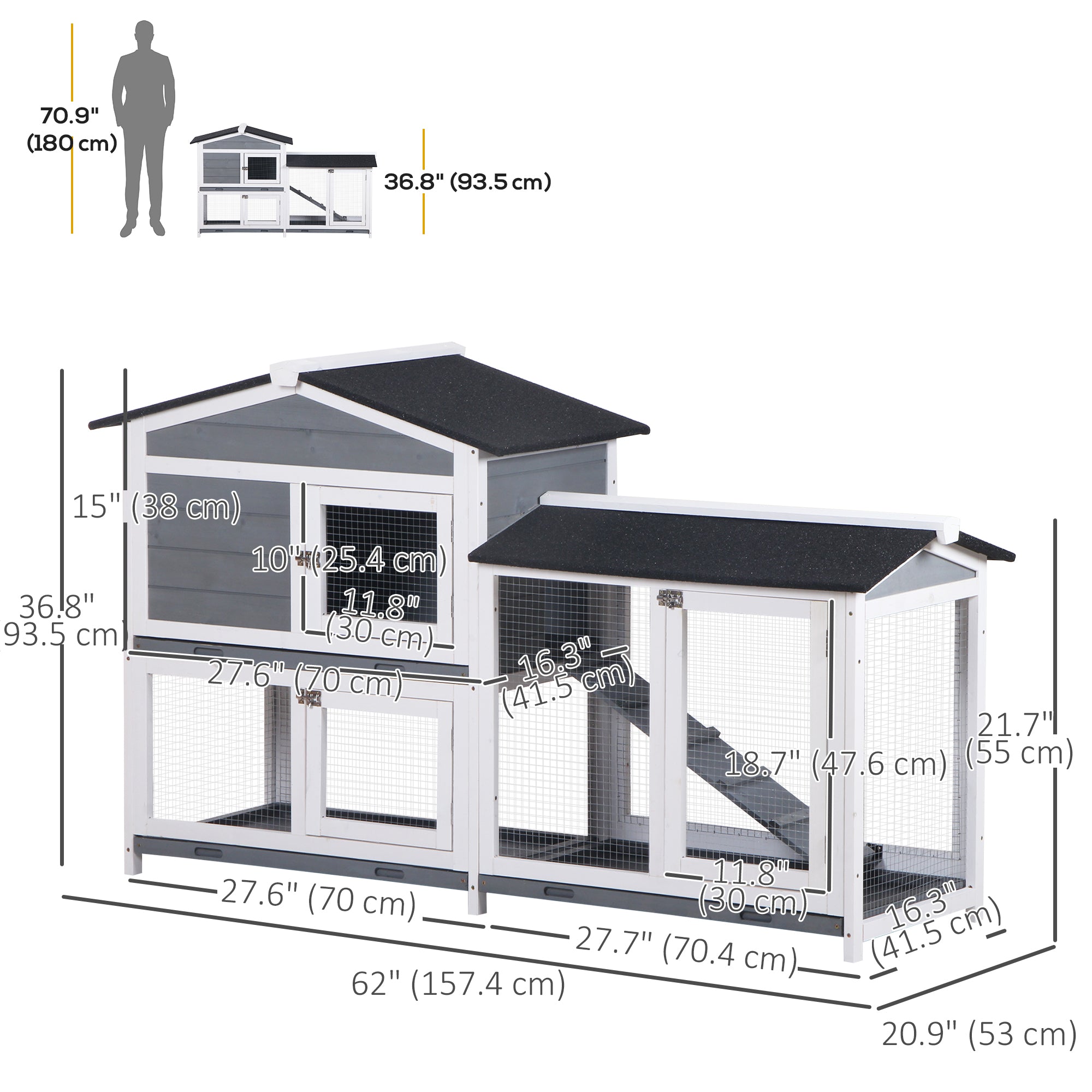 2-tier Wooden Rabbit Hutch w/ Ramp and Outdoor Run, Grey