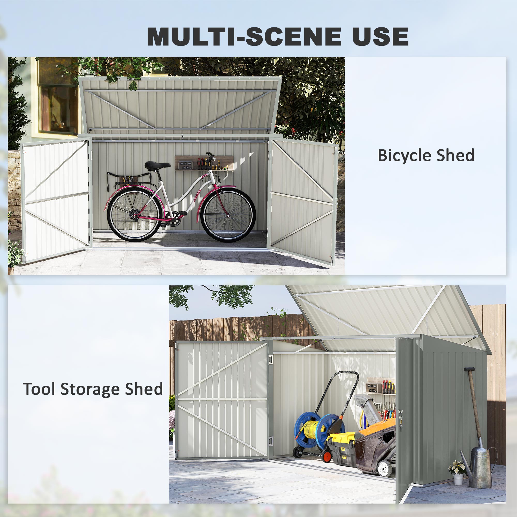3-Bin Garbage Storage Shed - Silver Grey Galvanized Steel-Patio & Garden > Lawn & Garden > Sheds-DECOROLALA