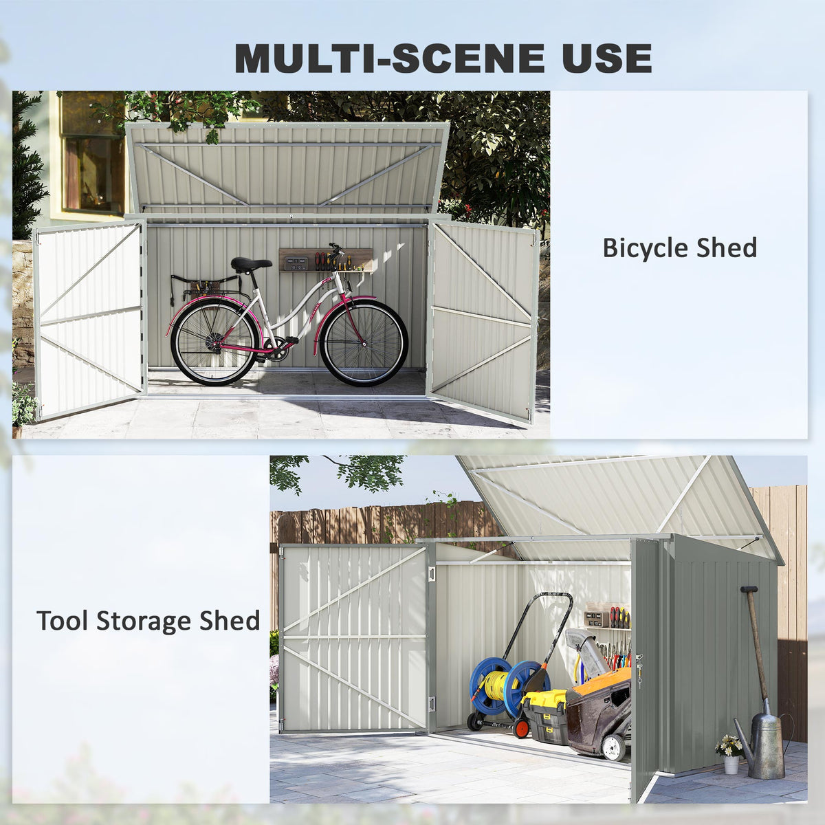3-Bin Garbage Storage Shed - Silver Grey Galvanized Steel-Patio & Garden > Lawn & Garden > Sheds-DECOROLALA