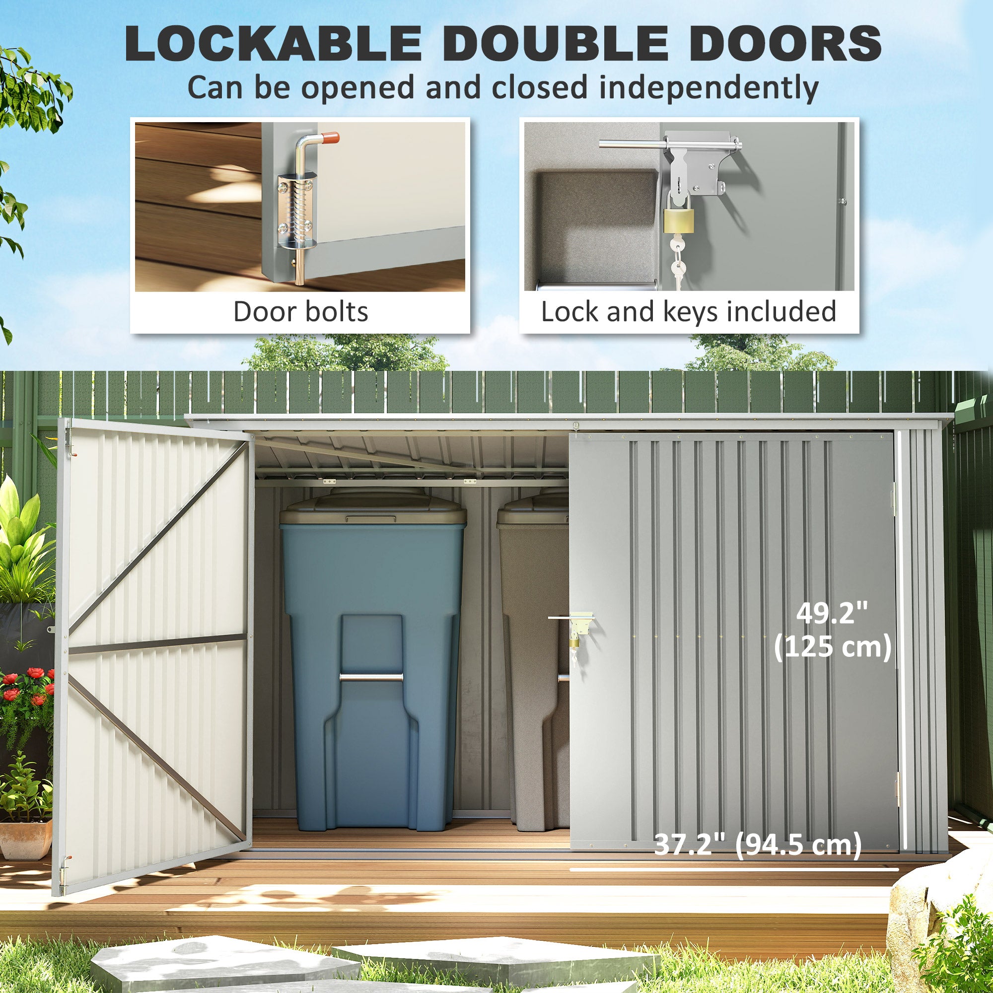 3-Bin Garbage Storage Shed - Silver Grey Galvanized Steel-Patio & Garden > Lawn & Garden > Sheds-DECOROLALA