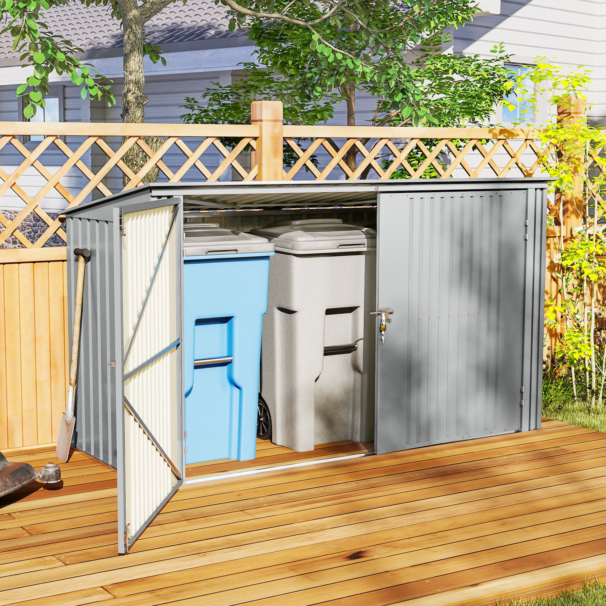 3-Bin Garbage Storage Shed - Silver Grey Galvanized Steel-Patio & Garden > Lawn & Garden > Sheds-DECOROLALA