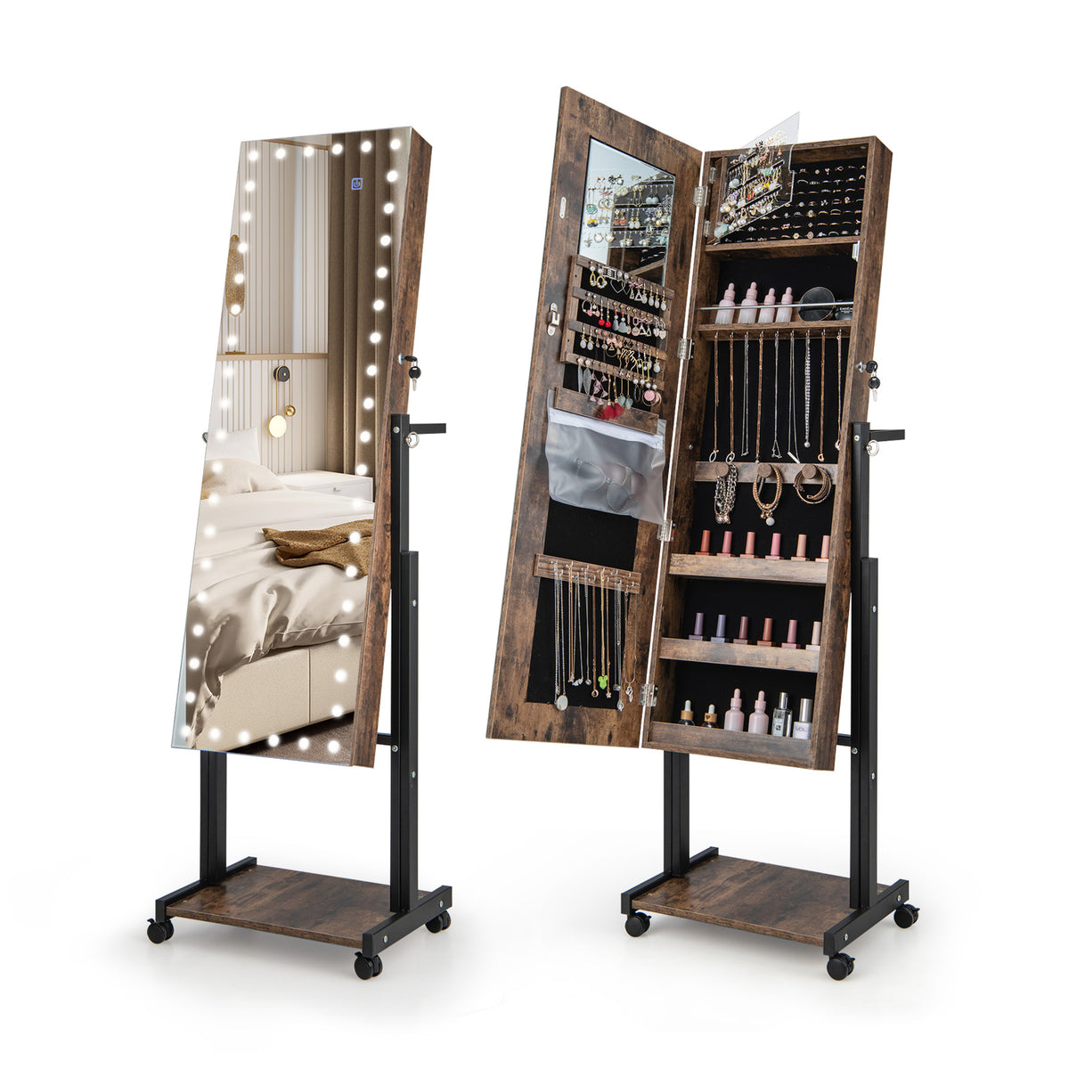 3-Color 46 LED Lights Mirror Jewelry Cabinet Armoire Adjustable Height with Wheels-Brown-Jewelry Armoires-DECOROLALA