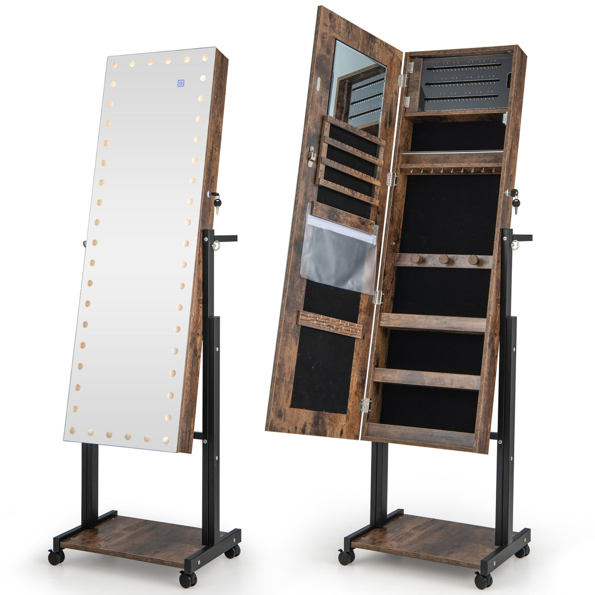 3-Color 46 LED Lights Mirror Jewelry Cabinet Armoire Adjustable Height with Wheels-Brown-Jewelry Armoires-DECOROLALA