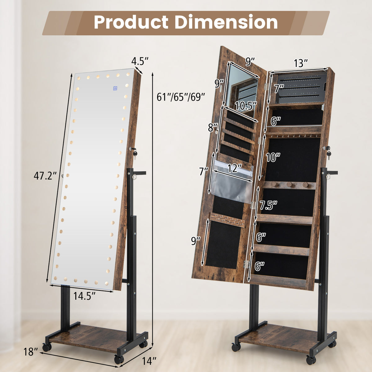 3-Color 46 LED Lights Mirror Jewelry Cabinet Armoire Adjustable Height with Wheels-Brown-Jewelry Armoires-DECOROLALA