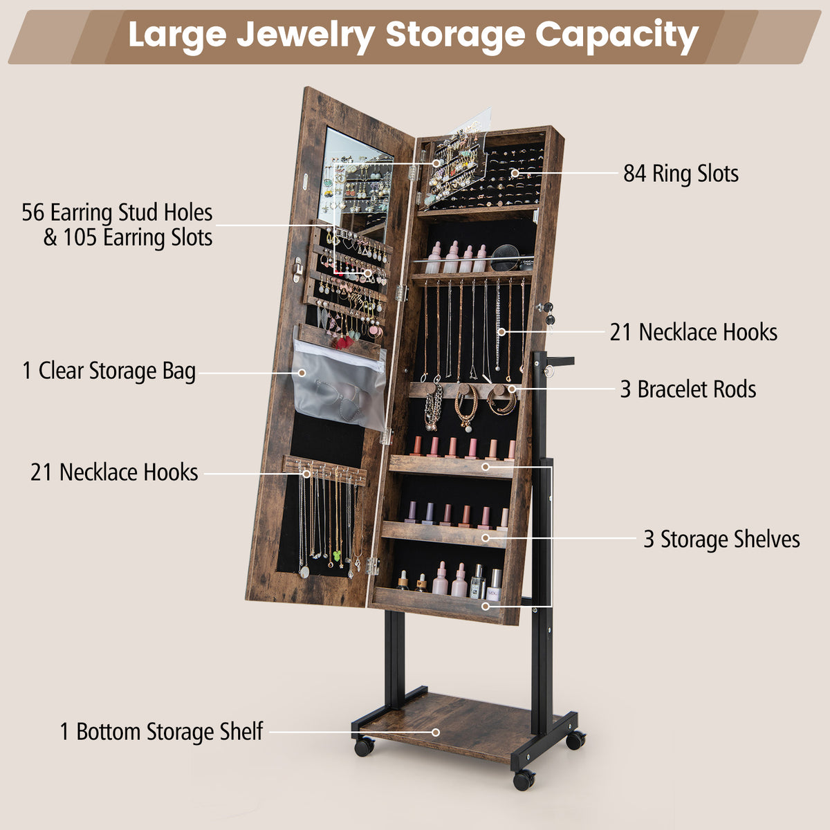 3-Color 46 LED Lights Mirror Jewelry Cabinet Armoire Adjustable Height with Wheels-Brown-Jewelry Armoires-DECOROLALA