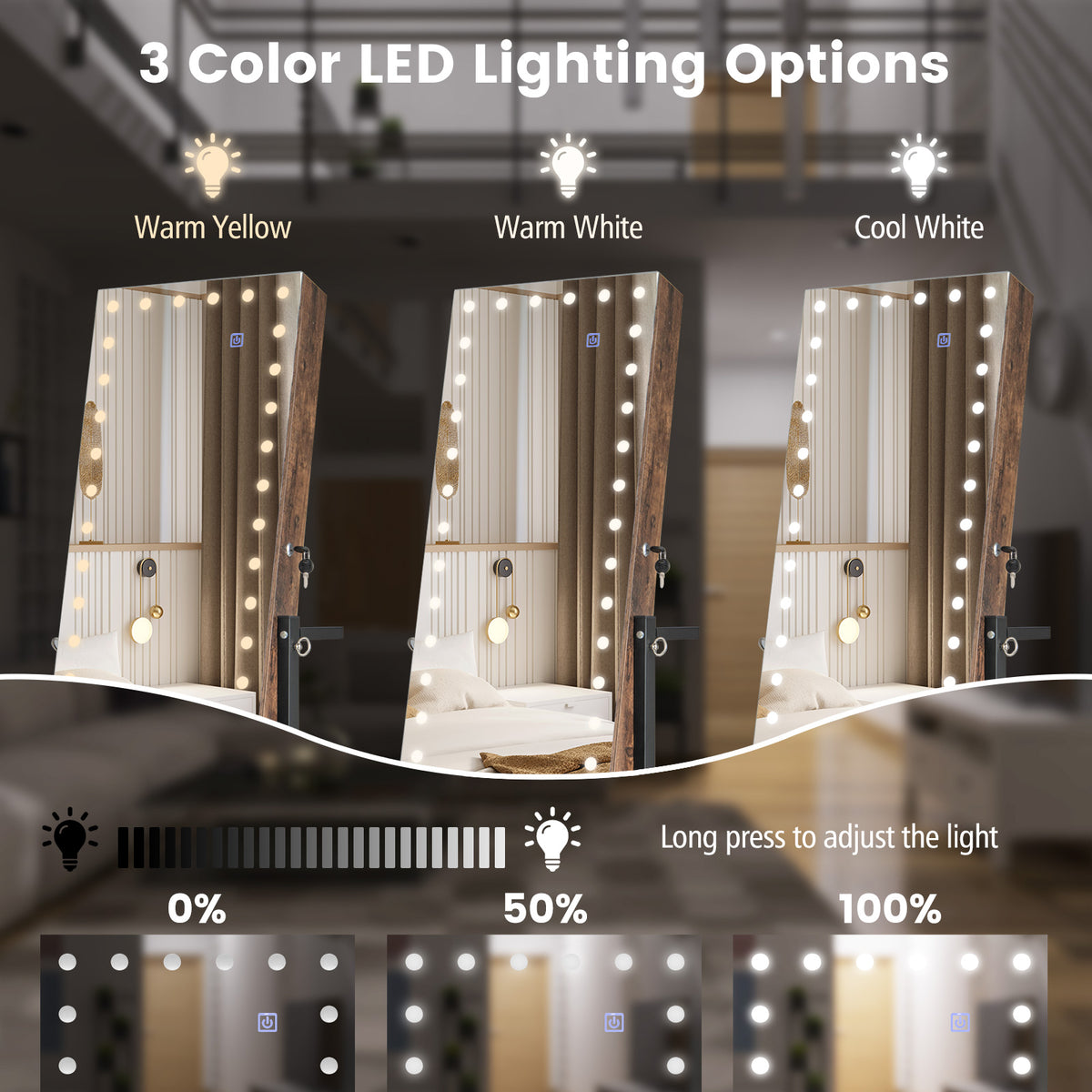 3-Color 46 LED Lights Mirror Jewelry Cabinet Armoire Adjustable Height with Wheels-Brown-Jewelry Armoires-DECOROLALA