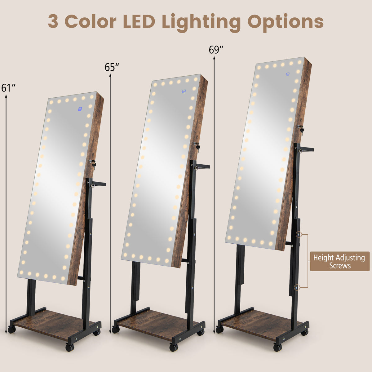 3-Color 46 LED Lights Mirror Jewelry Cabinet Armoire Adjustable Height with Wheels-Brown-Jewelry Armoires-DECOROLALA