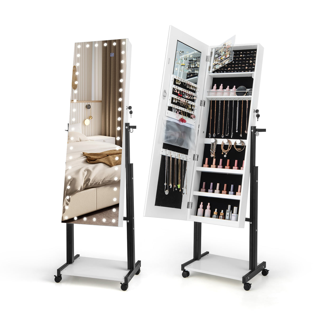 3-Color 46 LED Lights Mirror Jewelry Cabinet Armoire Adjustable Height with Wheels-White-Jewelry Armoires-DECOROLALA